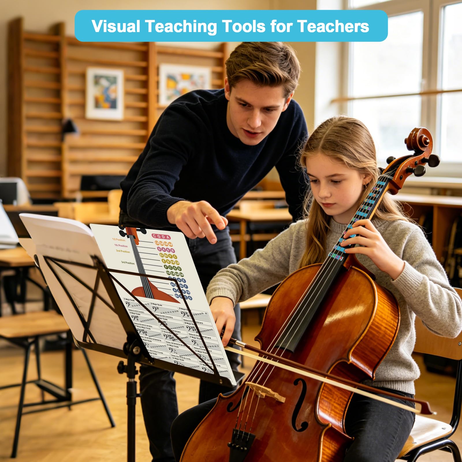 Enjoyard Cello Finger Guide Stickers & Learning PVC Card, 1/2