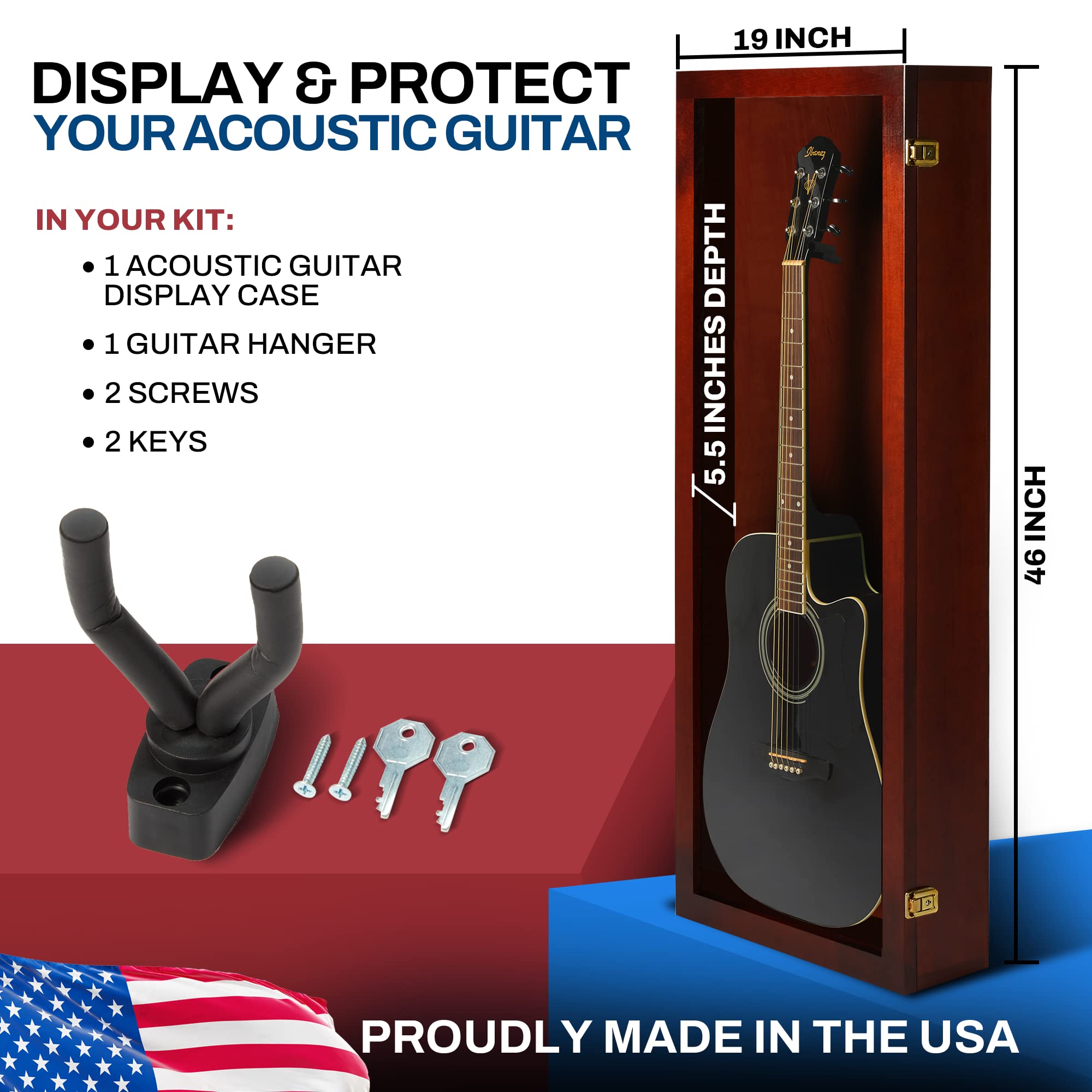 PENNZONI Acoustic Guitar Display Case – Acrylic Acoustic Guitar Case – Guitar Display Case Wall Mount Made from Hardwood Frame & Clear Acrylic – Cherry w/No Felt