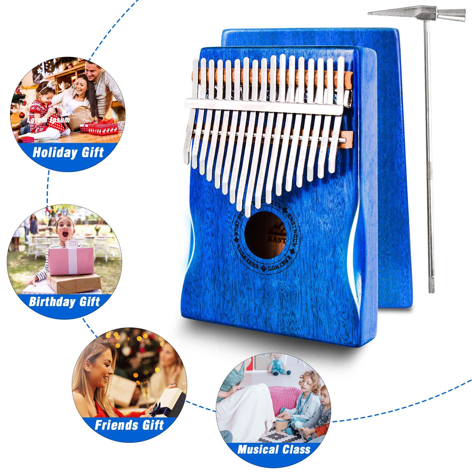 EASTROCK Kalimba Thumb Piano 17 Keys Mbira Blue Mahogany Hand Rest