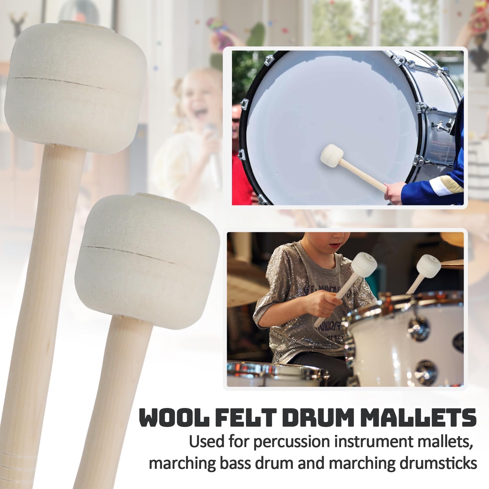Luomorgo Marching Bass Drum Mallets, Wool Felt, 1 Pair, 13.4 Inch