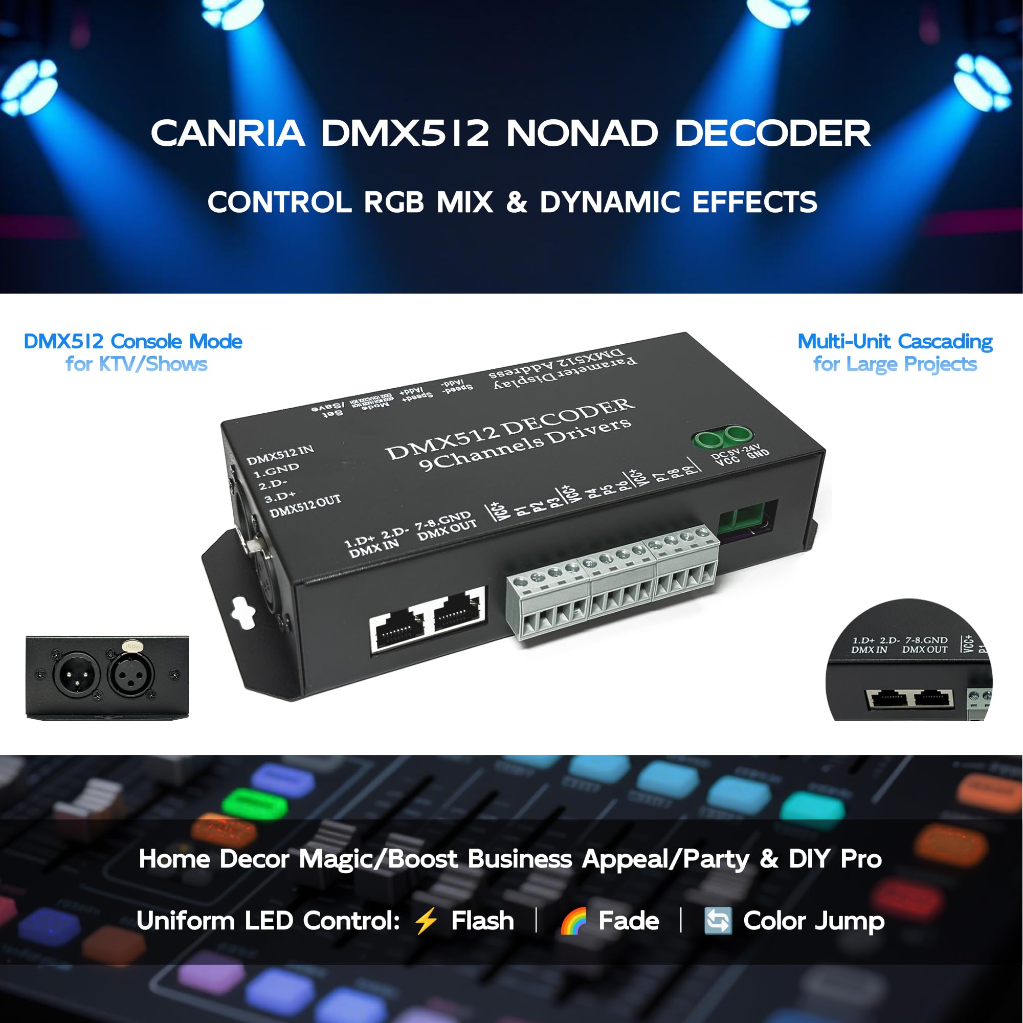 CANRIA 9 Channel DMX512 Decoder LED Controller, DC 5V-24V 5A/CH, RGB RGBW LED Lighting Driver, for Stage/Architectural/Event Lights, 4-Digit Display