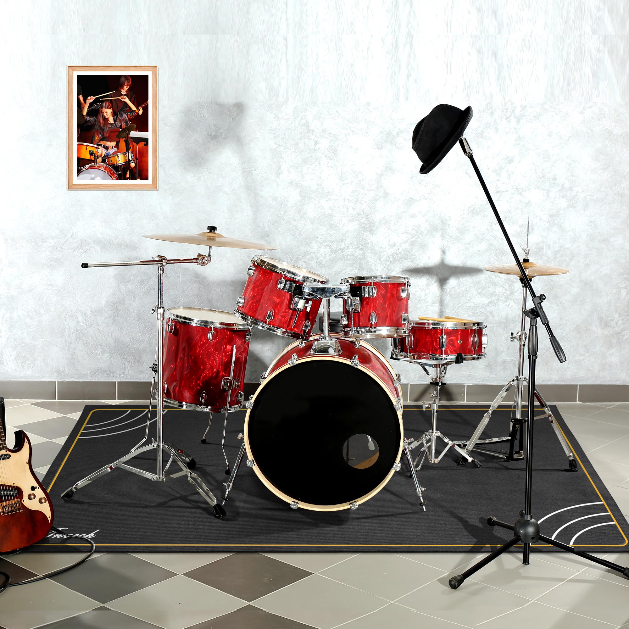 Invech 4 x 5.3 Ft Drum Rug, Non-Slip Grip Bottom, Soundproof Drum Floor Mat for Electrical Drum, Black