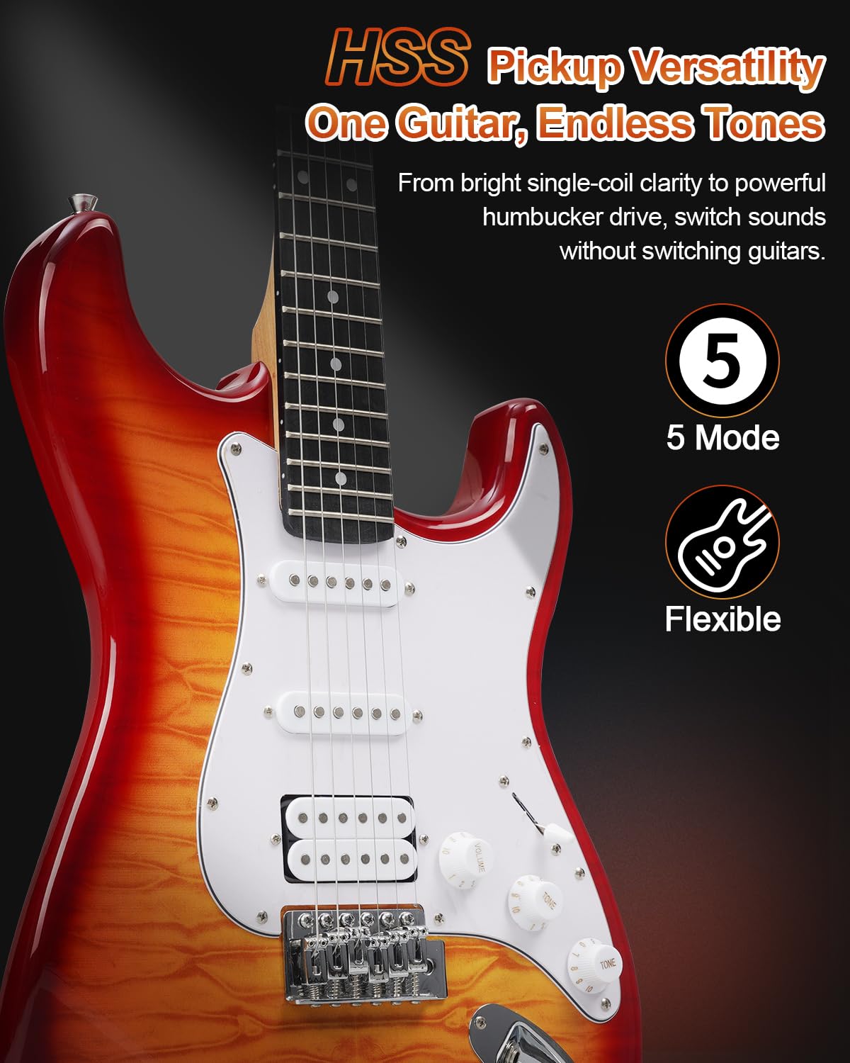 Umelody UST-200 Beginner Electric Guitar Kit HSS Pickup, Versatile 5-Way Switch for Clean to High-Gain Tone, Full-Size ST Style Guitar for Starter & Intermediate Players, Gig Bag (Amber)