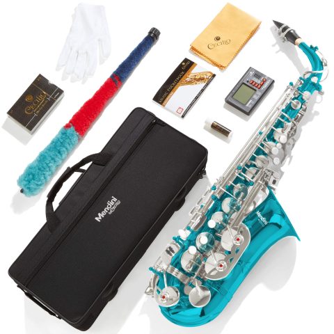 Mendini By Cecilio Alto Saxophone for Beginners, E Flat Alto Saxophone for Students Musicians with Tuner, Mouthpiece, Case, 10 Reeds, Grease, Cleaning Cloth & Rod, Gloves, Strap, Lesson Book (Blue)