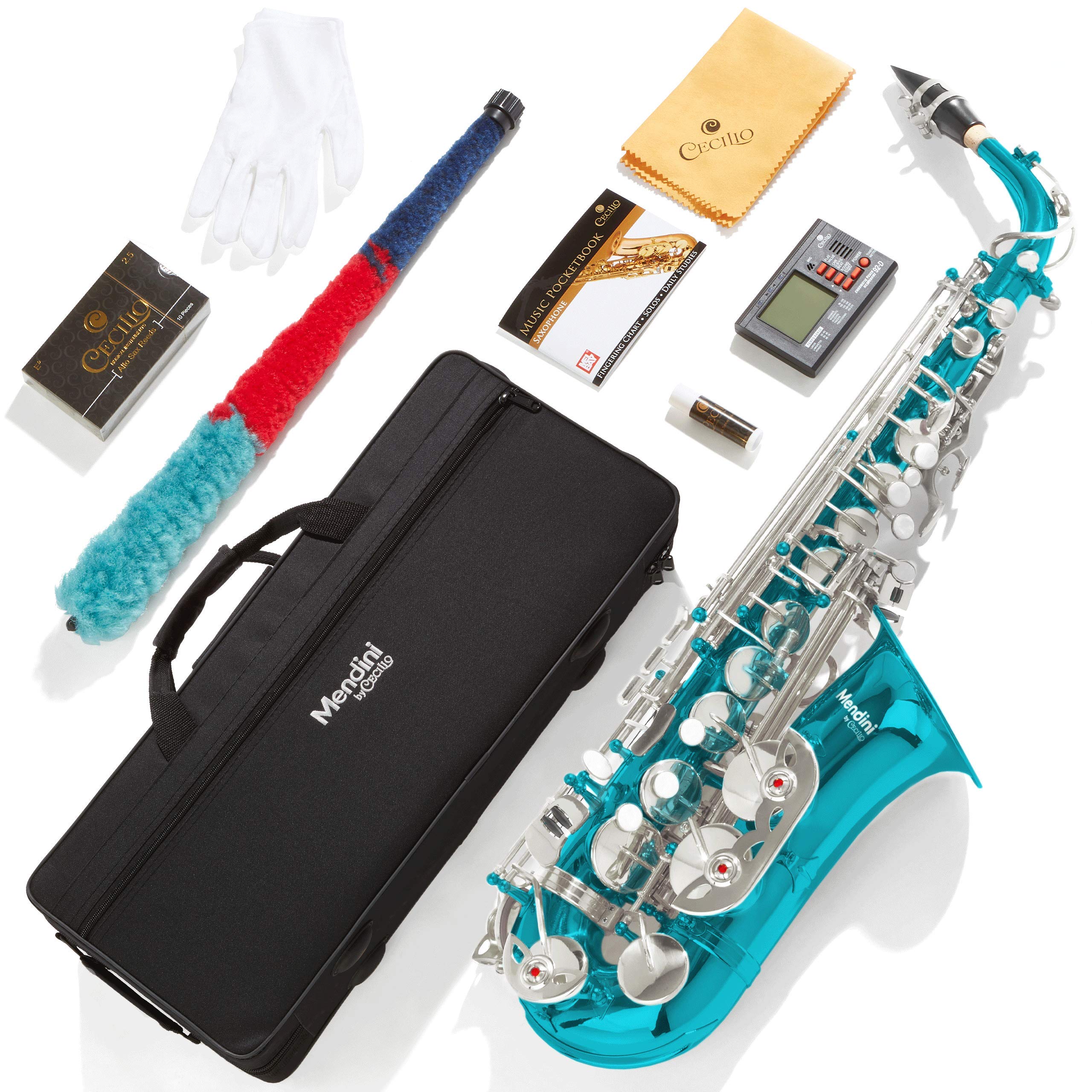 Mendini By Cecilio Alto Saxophone for Beginners, E Flat Alto Saxophone for Students Musicians with Tuner, Mouthpiece, Case, 10 Reeds, Grease, Cleaning Cloth & Rod, Gloves, Strap, Lesson Book (Blue)
