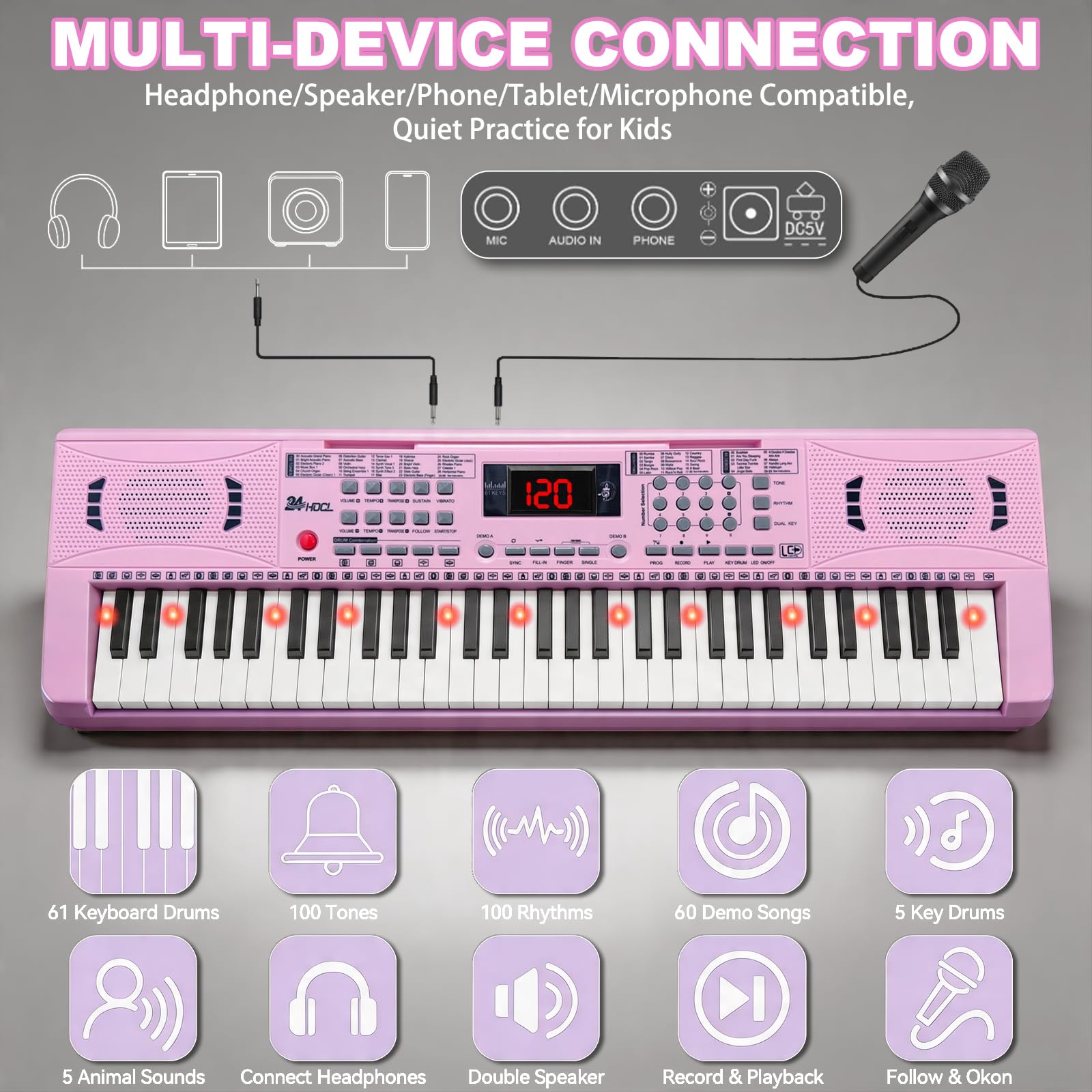 Electronic Keyboard Piano 61 Lighted Keys for Kids (Pink with Stand)