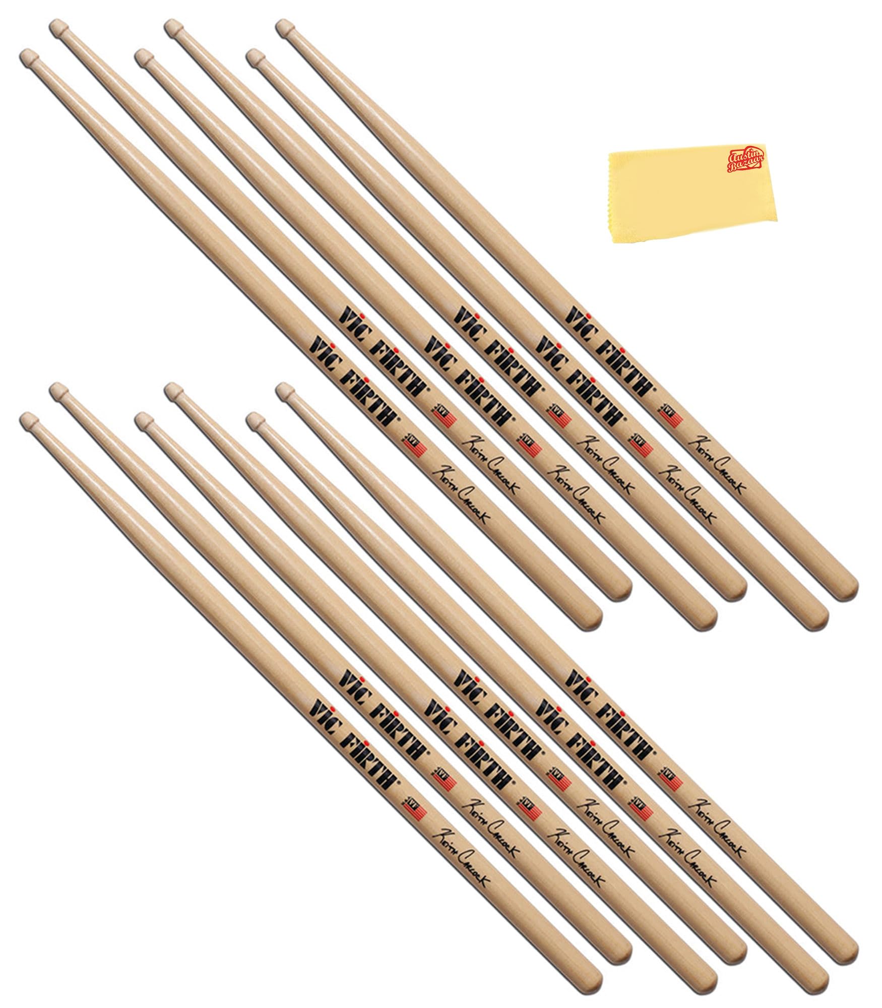 Vic Firth Signature Series Keith Carlock Drumsticks – 6‑Pack Bundle with Austin Bazaar Polishing Cloth