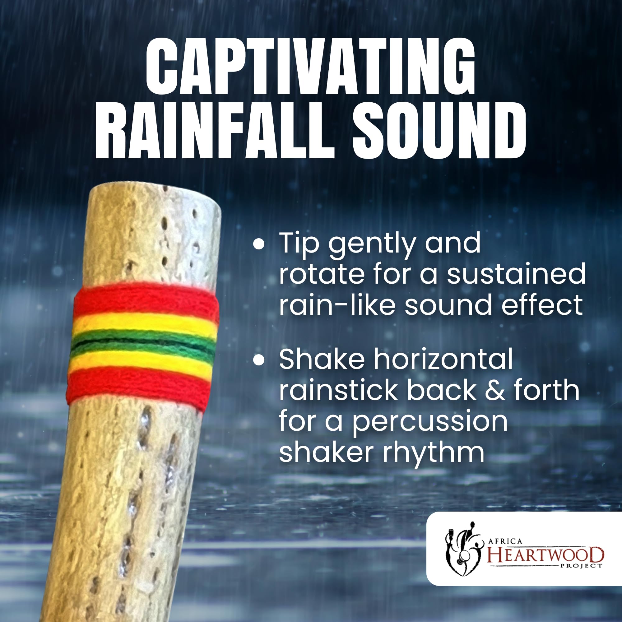 Africa Heartwood Project 30″ Cactus Rainstick from Chile – Authentic Handcrafted Rain Stick Musical Instrument with Rasta Yarn Wrap and Durable Sealant
