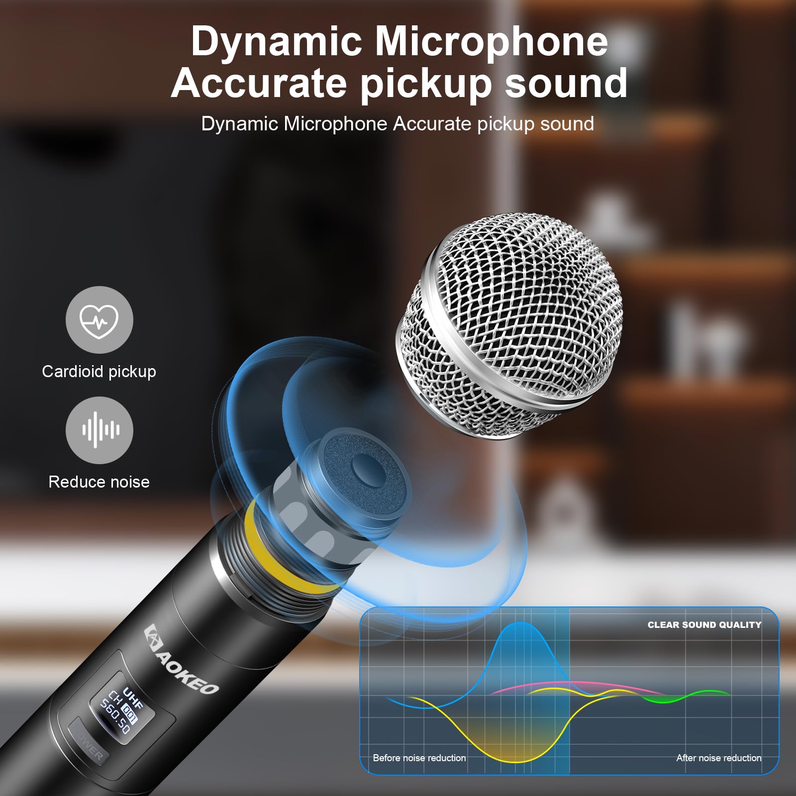 Aokeo Wireless Microphone System, Metal Wireless Mic Set with Case,Handheld Cordless Dynamic Microphones for Singing, Karaoke, Church, DJ,100ft Range