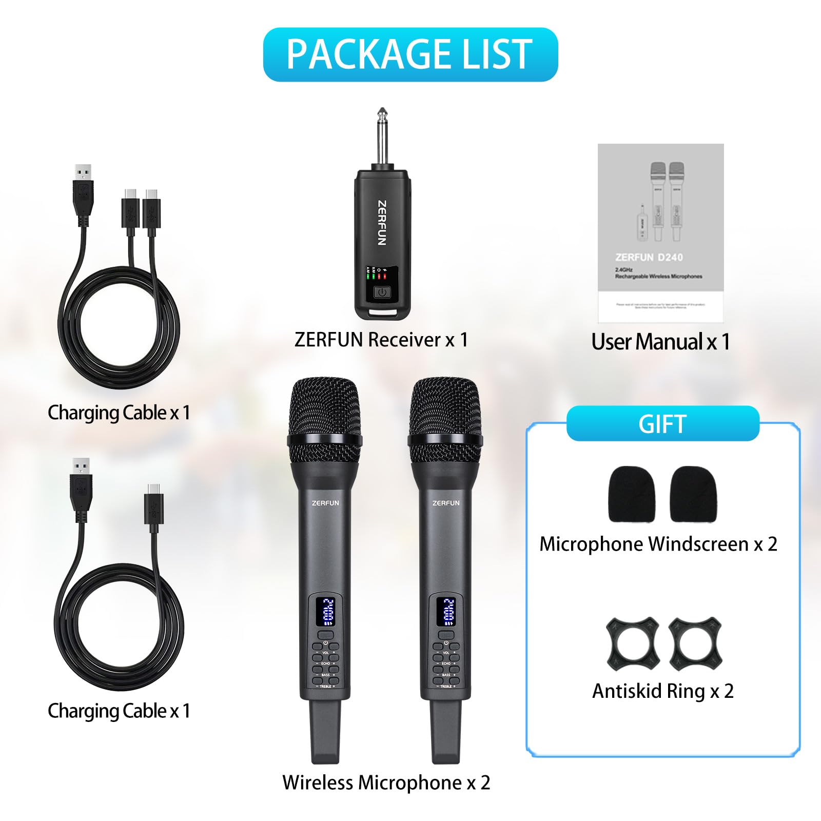 ZERFUN Rechargeable Wireless Microphones Dual, D240, Grey