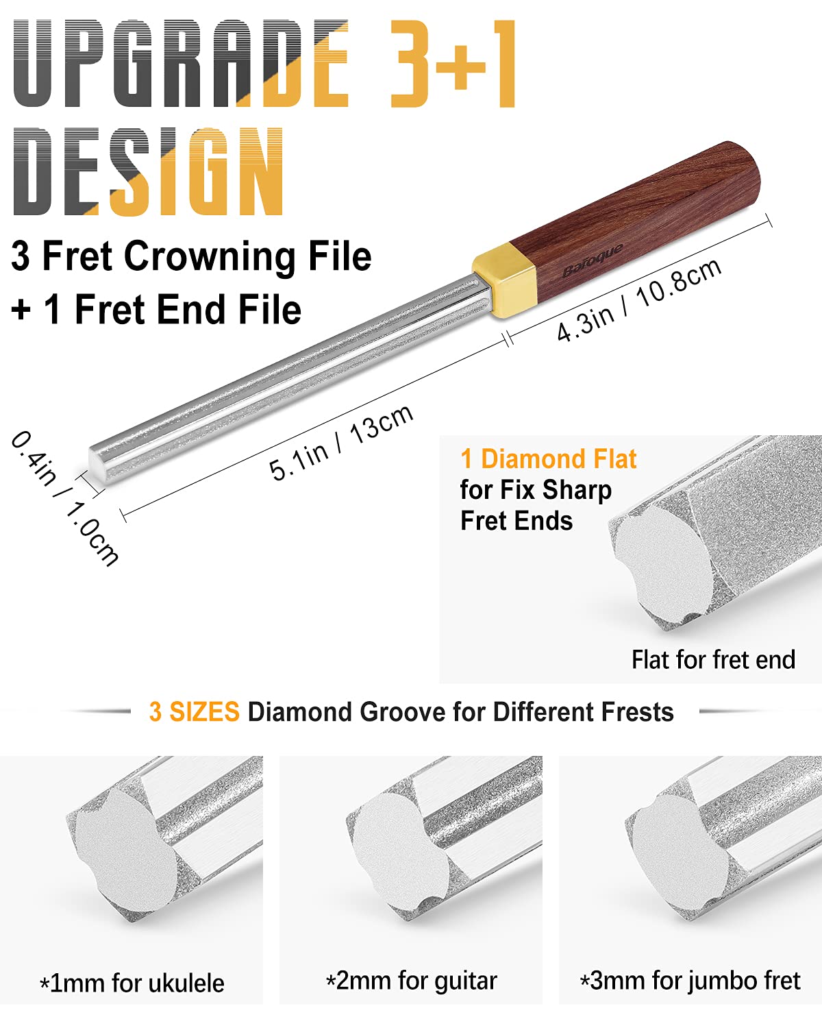 Baroque Diamond Fret Crowning File – 4th Gen Guitar Tool with 3 Radius Slot