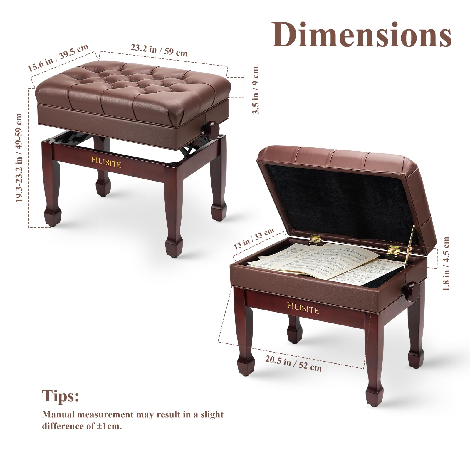FILISITE Adjustable Height Piano Bench with Storage, Heavy Duty Solid Wood Piano Stool Keyboard Bench with PU Leather Padded Cushion(Brown)