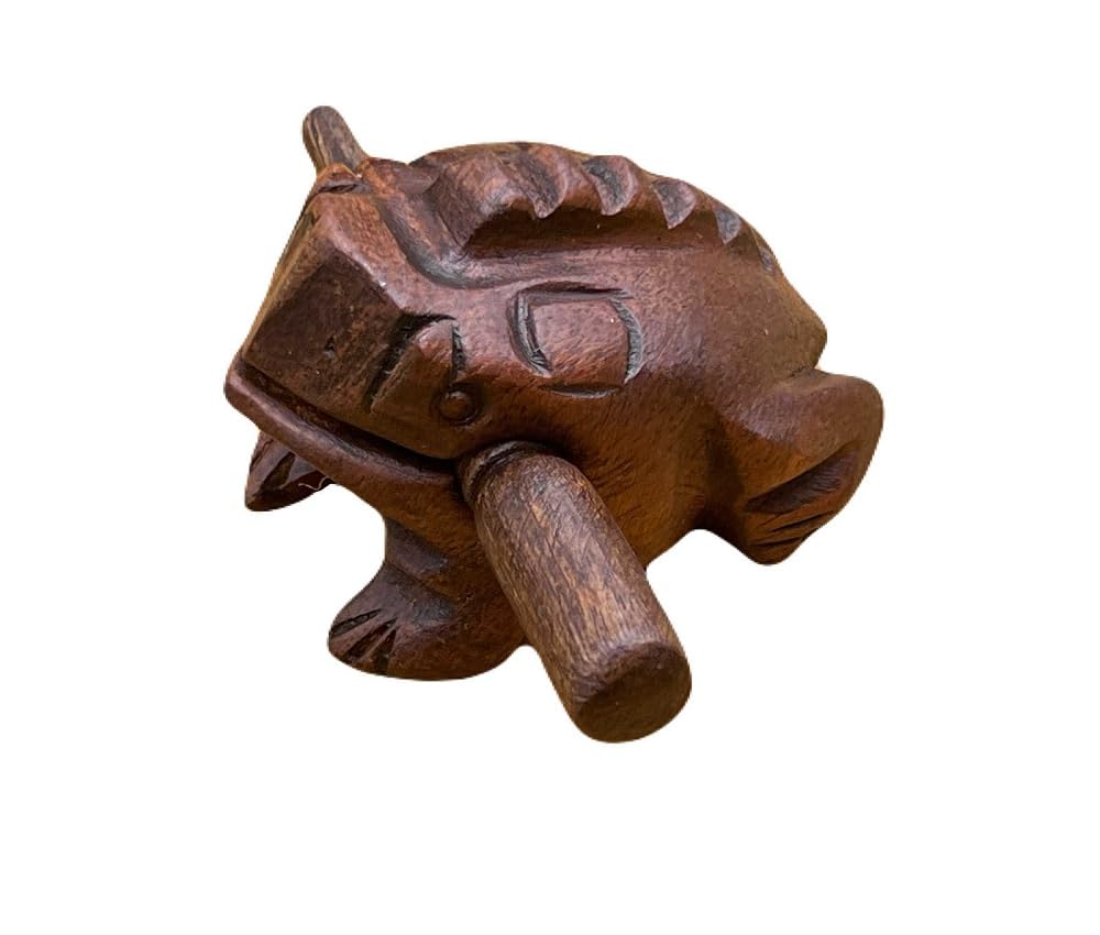 2.75 Inch Dark Brown Wooden Frog Guiro Percussion Instrument with Scraper Stick, Hand Carved Wood Frog Noise Maker for Music Education, Classroom, Meditation.