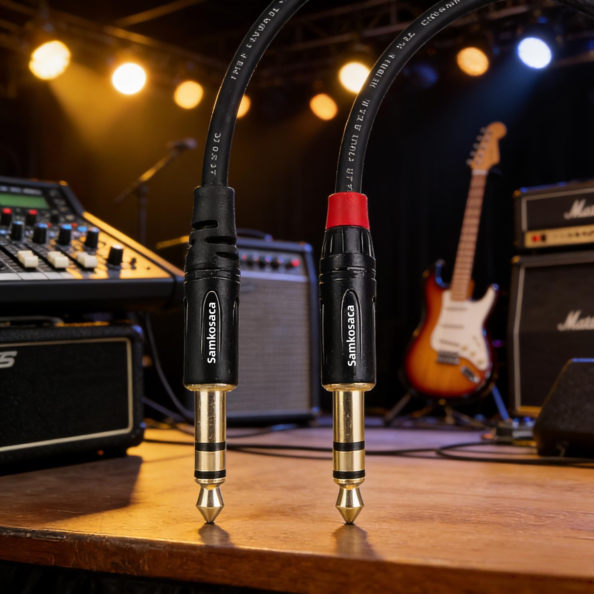 Samkosaca 1/4 Inch TRS Cable 1 Foot 2-Pack, 6.35mm Balanced Male to Male Patch Cable, Gold Plated OFC Noise Rejection for Studio Monitor, Mixer, Amplifier, Keyboard, DJ Equipment, Audio Interface