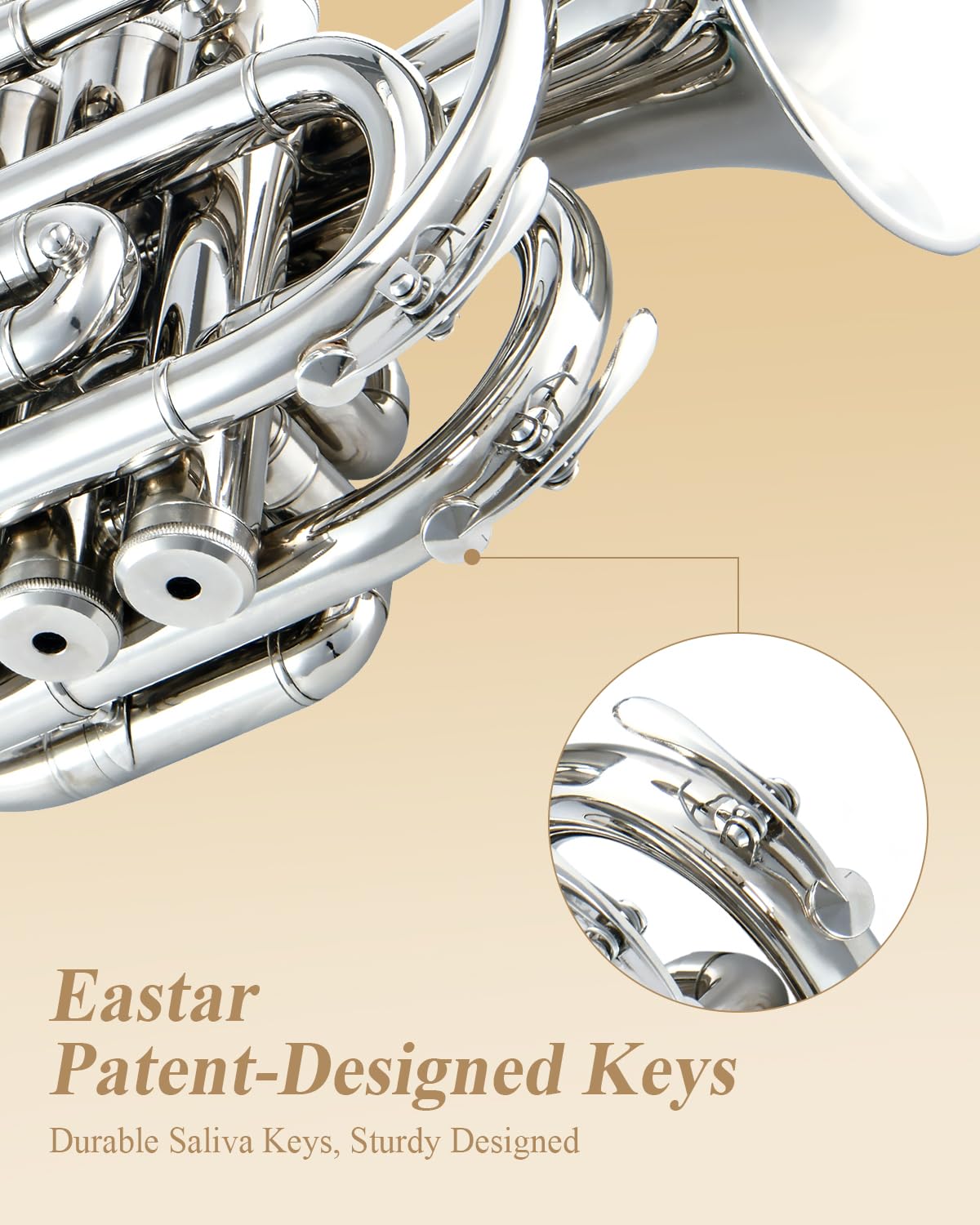 Eastar Bb Pocket Trumpet Brass, Nickel, Case Full Kit, ETR-330N