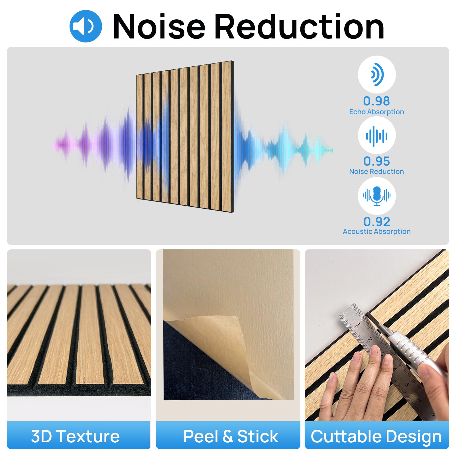 WalDecoo Oak Acoustic Panels, 12 Pack Self-Adhesive Sound Absorbing Tiles