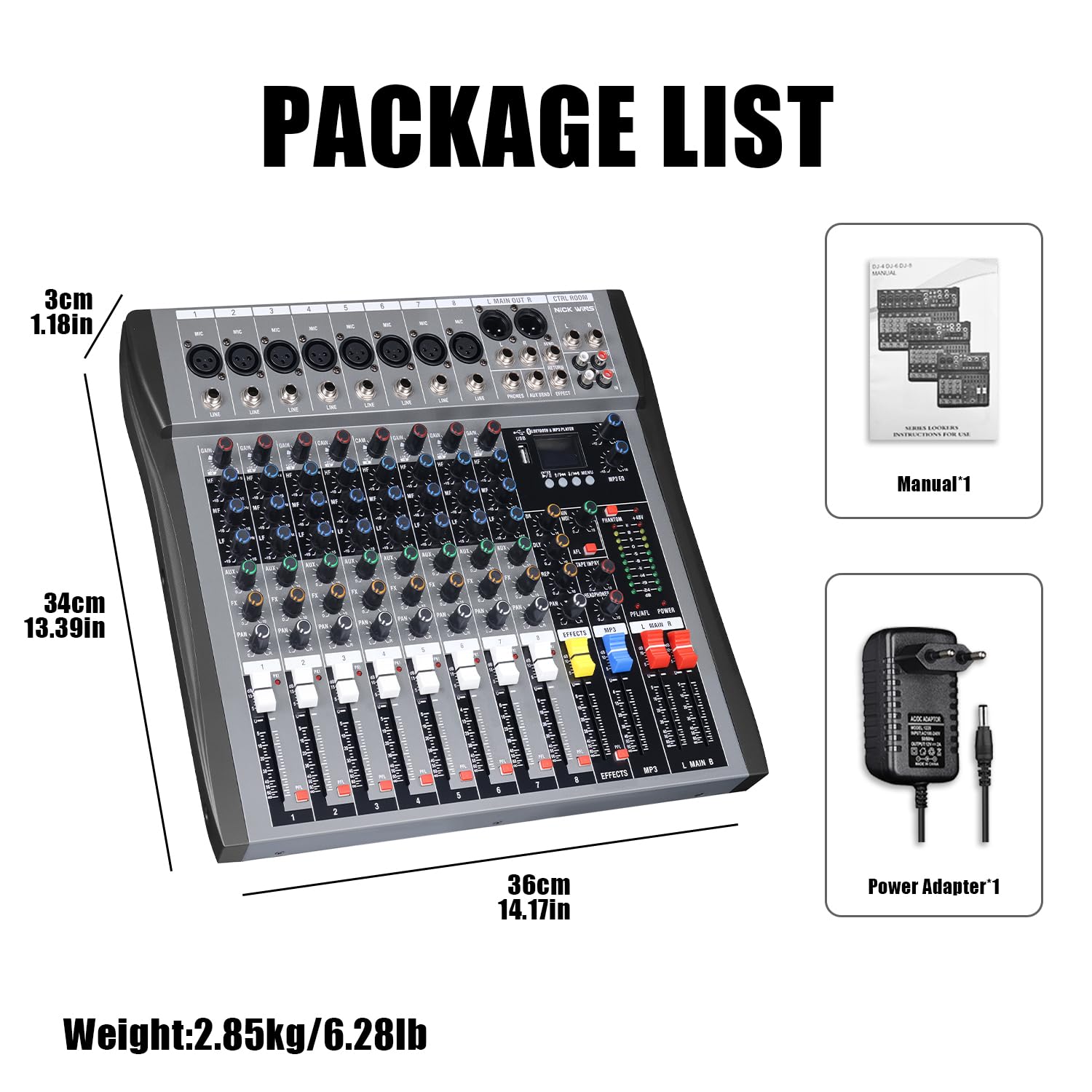 8 Channel mixer professional Audio Mixer, dj mixer with Individual Channel Control and USB Audio Recording & Editing via Computer, All-Metal mezcladora para dj (8 Channel)