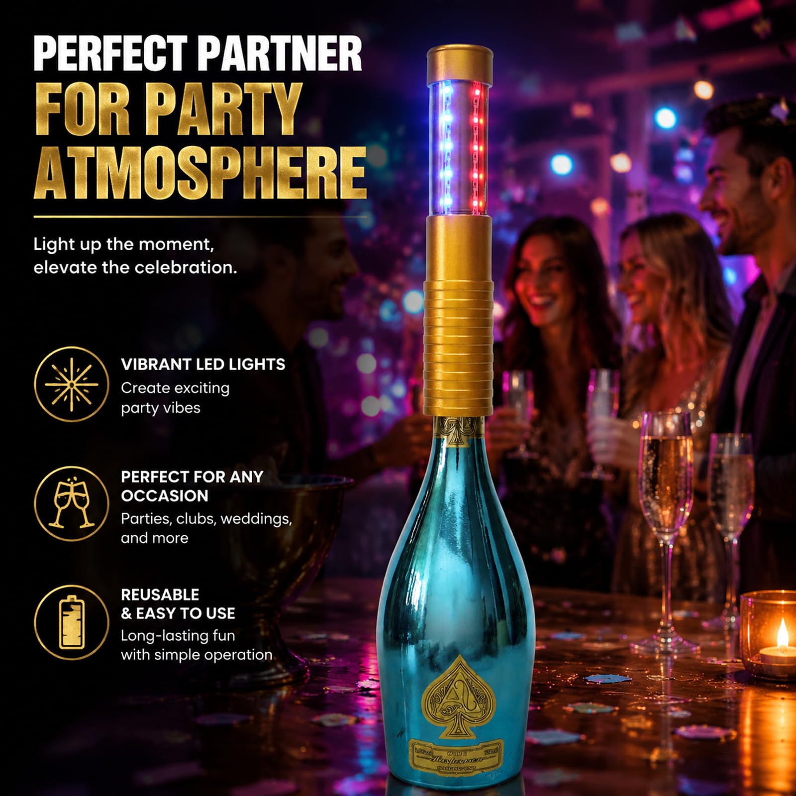 Strobe Bottle Girl Lights LED Bottle Service Lights Baton Reusable Rechargeable Service LED Champagne 2 Pcs for Bar Club Birthday Weddings Parties (Gold PC-Abs Colored Light 2Pcs)