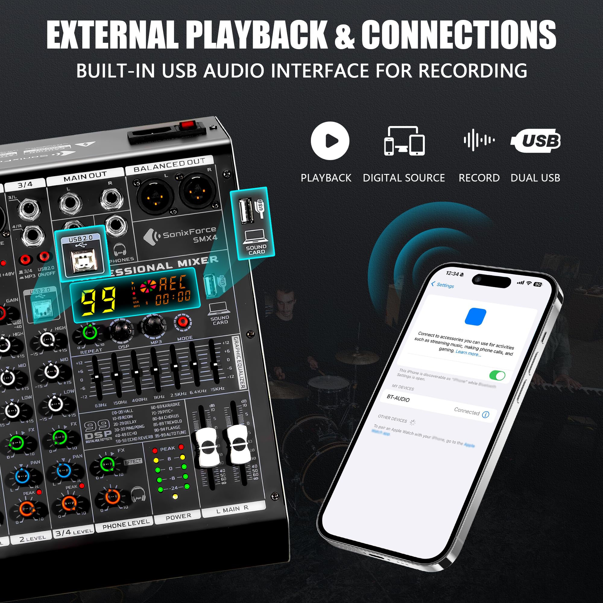 SonixForce 4 Channel Audio Mixer, 99 DSP Effects Sound Board Console