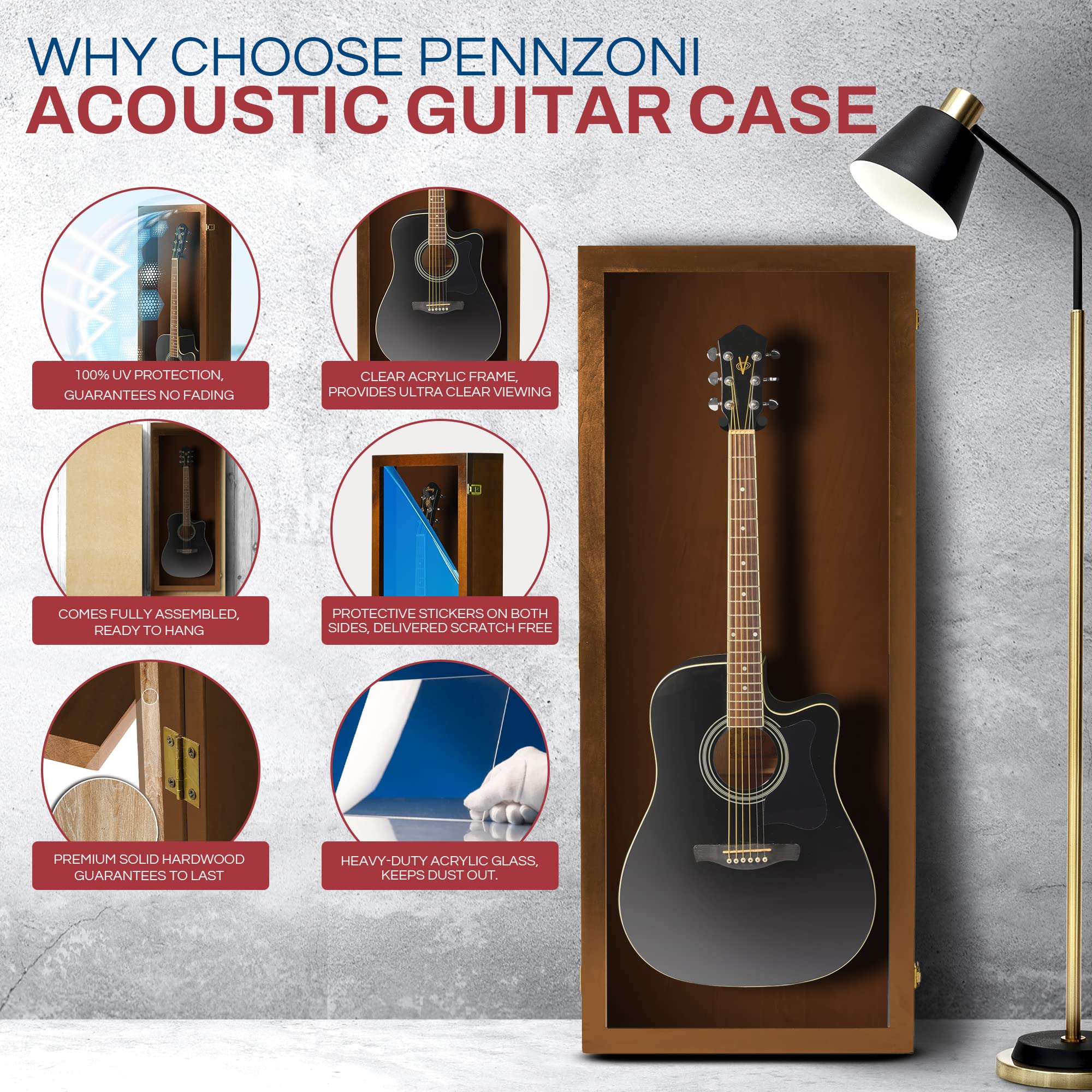 PENNZONI Acoustic Guitar Display Case – Acrylic Acoustic Guitar Case – Guitar Display Case Wall Mount Made from Hardwood Frame & Clear Acrylic – Walnut w/No Felt