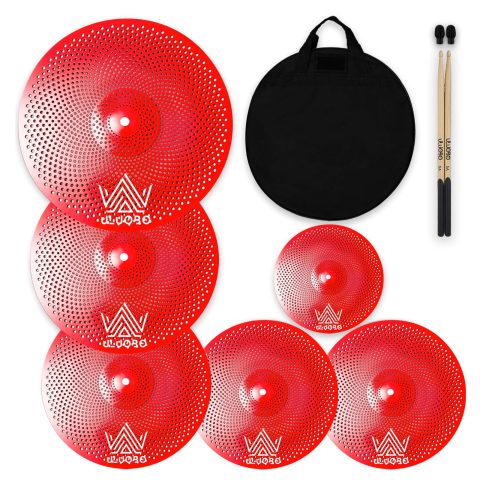 ULUOBO Low Volume Cymbal Pack 6 Pieces, Silent Cymbals, Quiet Cymbals Set for Drummer Practice, 10”Splash+14”Hihat+16″Crash+18”Crash+20″Ride, Red