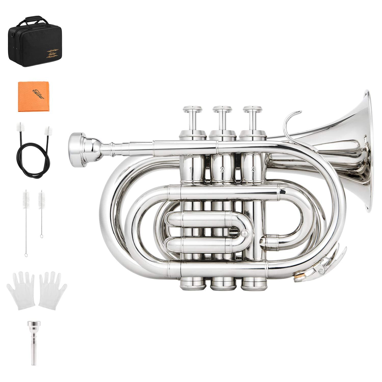 Eastar Bb Pocket Trumpet Brass, Nickel, Case Full Kit, ETR-330N
