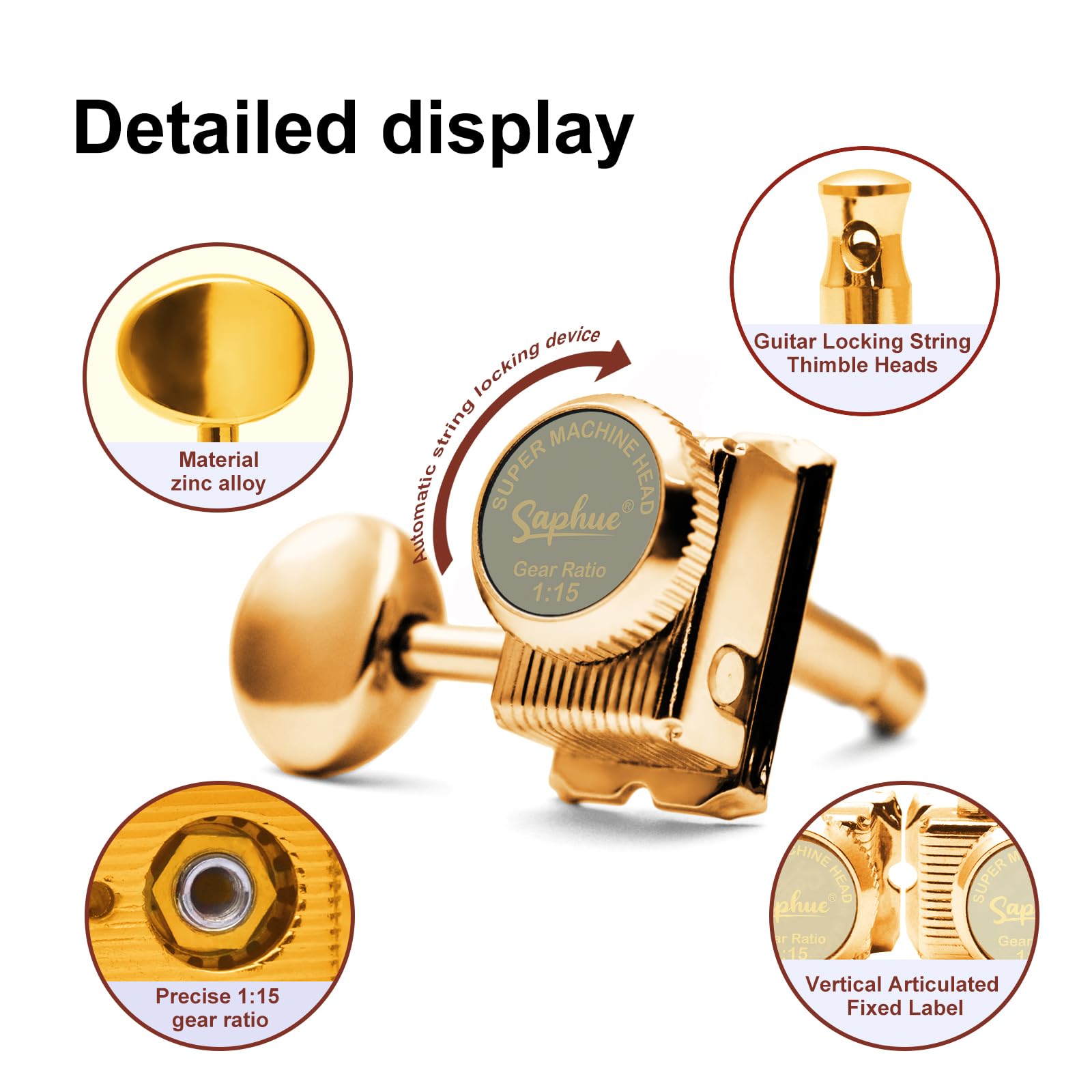 SAPHUE 6 Inline Guitar Tuning Keys Vintage Electric Guitar Lock String Tuners Locking Tuning Pegs Machine Heads Replacement for ST TL Style Electric, Folk or Acoustic Guitars(Gold)