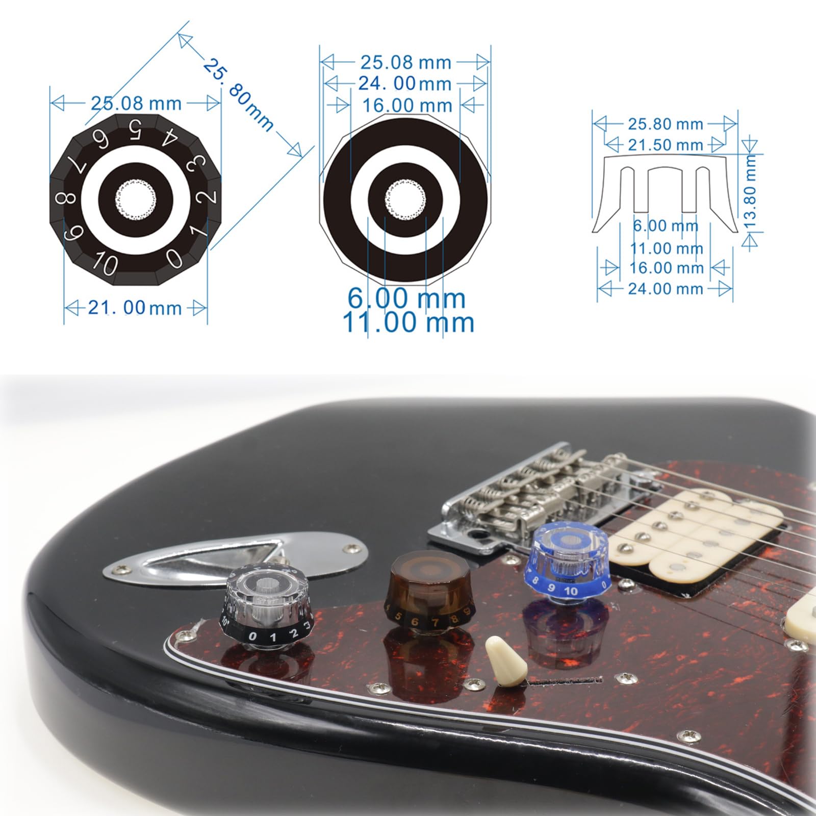 CashBeat 4 Pack Lampshade Guitar Speed Knobs, Clear Black 18 Spline LP SG