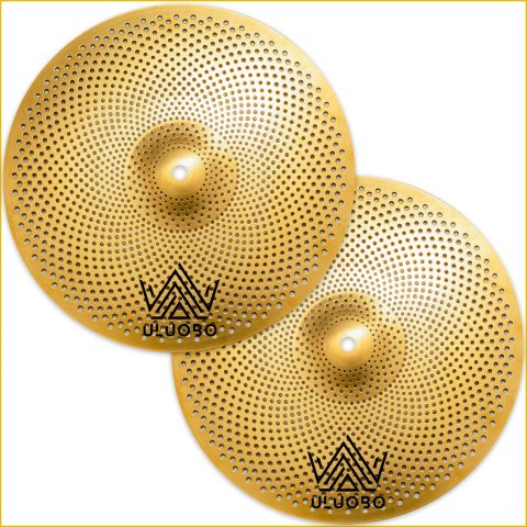 ULUOBO 14 inch Low Volume Hi Hat Cymbals, High Hat Cymbal for Drum Quiet Practice (Gold, 2 Pieces)