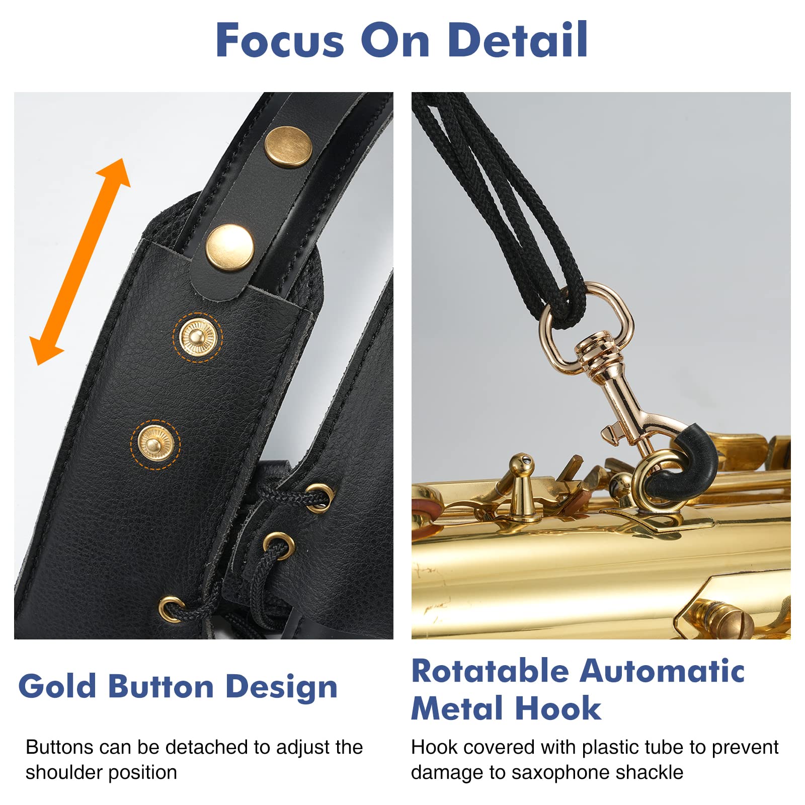 POGOLAB Saxophone Shoulder Strap, Double Shoulder Leather Adjustable Sax Strap with Metal Beam & Sturdy Adjuster, Reduce Neck Stress, Good Comfort, for Alto/Tenor/Baritone/Soprano Saxophone