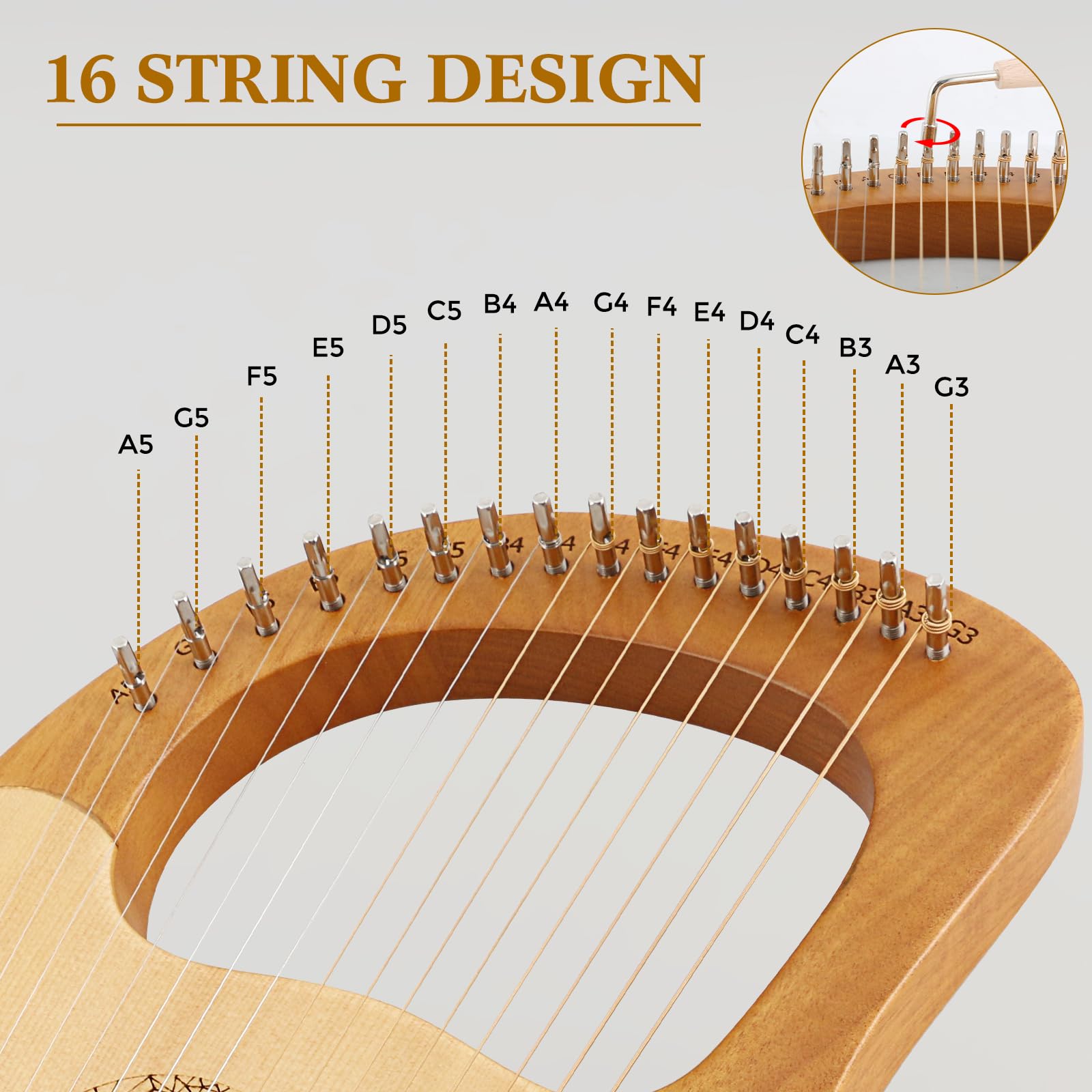 VANPHY Lyre Harp 16 Strings Mahogany Body Metal String for Beginner Harps Classical Style Harp Instrument with Tuning Wrench Strings Cleaning Cloth Strap Black Gig Bag (Wood)
