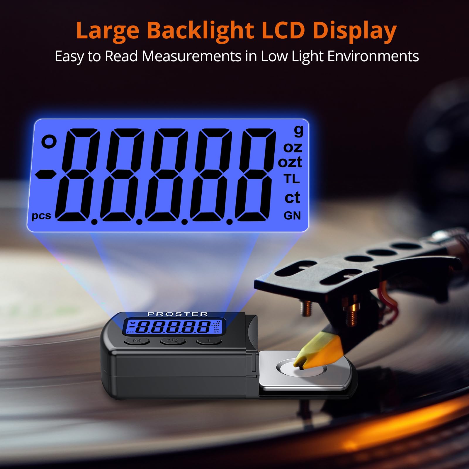 Proster Turntable Stylus Force Tracking Scale – Phono Turntable Cartridge Pressure Gauge 5g/0.01g Tone Arm Scale Record Stylus Alignment with LCD Backlight (Black)