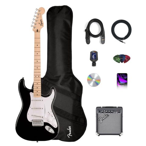 Fender Squier Sonic Stratocaster Pack – Black Bundle with Frontman 10G Amplifier, Gig Bag, Tuner, Strap, Cable, Picks, and Austin Bazaar Instructional DVD