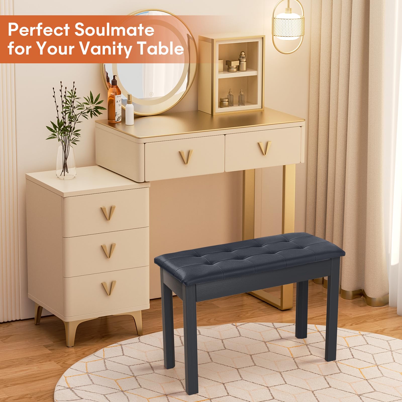 ZHRUNS Duet Piano Bench Wooden Keyboard Bench with Storage Compartment, 29” Piano Chair Seat with Padded Cushion, Long Piano Stool Black