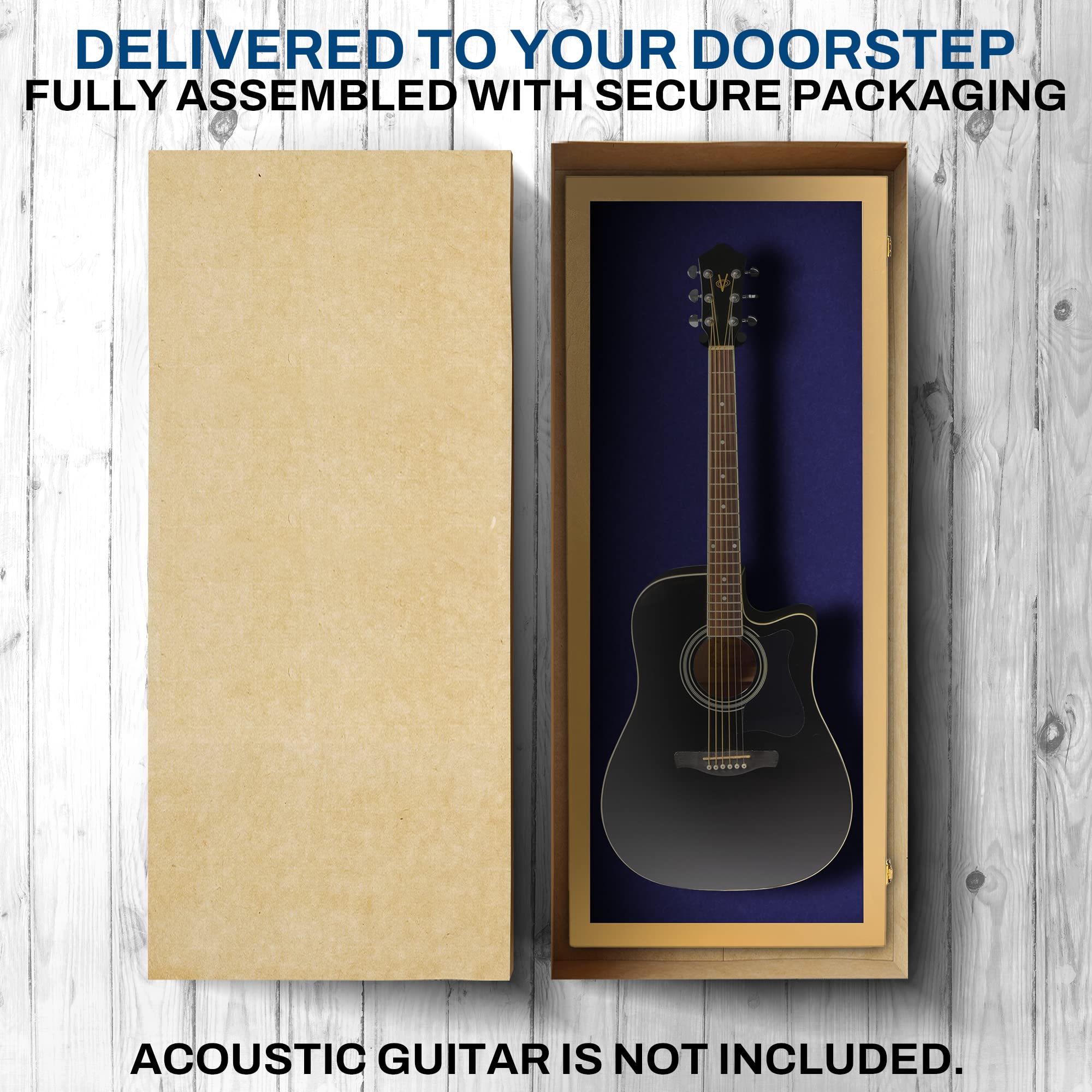 PENNZONI Acoustic Guitar Display Case – Acrylic Acoustic Guitar Case – Guitar Display Case Wall Mount Made from Hardwood Frame & Clear Acrylic – Golden Oak w/Felt Blue