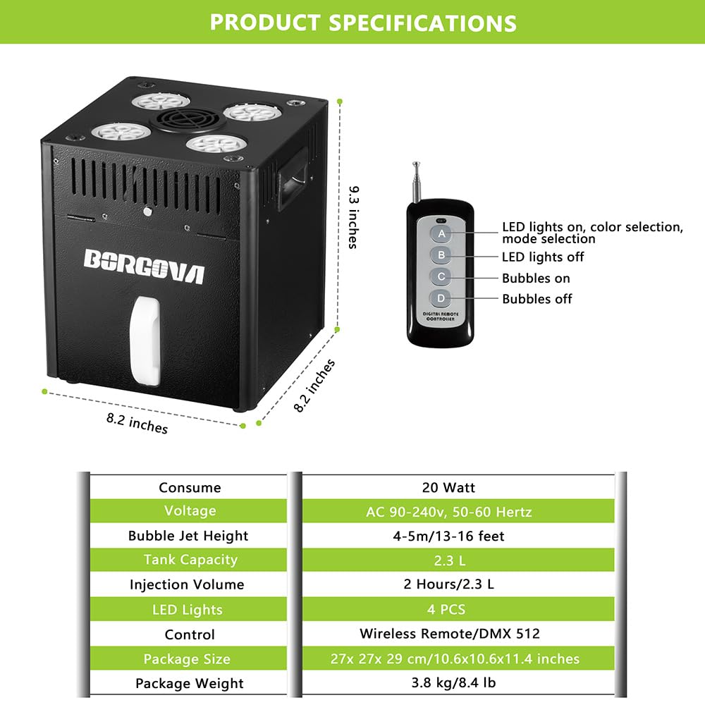 BORGOVA Stage Bubble Machine with Lights DMX Wireless Remote