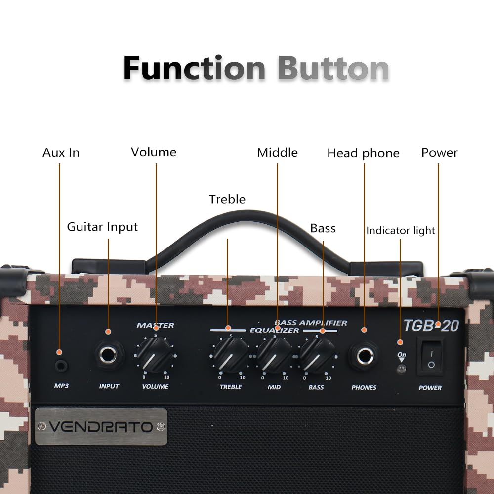 Electric Bass Guitar Amplifier Pixel Camo 20W Amp Peach Pink Color Aux Input Treble Middle Bass Headphone Power 6.5Inch Speaker Portable Size for Starter Beginner Practice Home and Outside