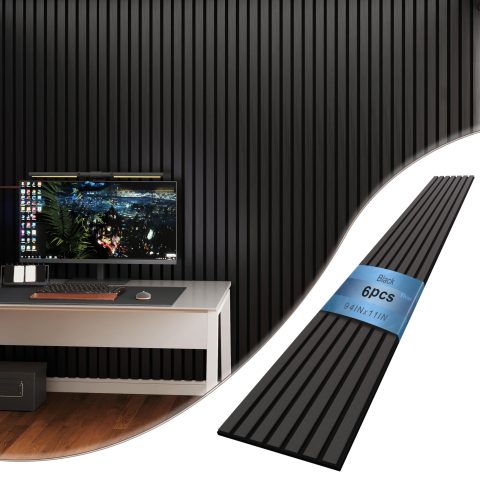 Fivaz 6 Pcs 94″ × 11″ Wood Panels for Wall, Soundproof Wood Slat Wall Paneling, Stylish Decor Acoustic Wall Panels for Wall and Ceiling, Odor-Free & Easy to Install, Black