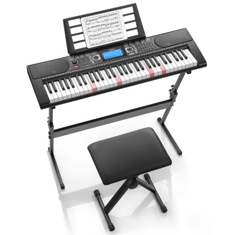 Donner 61 Key Keyboard Piano, Electric Piano Keyboard Set with Lighted Keys, LCD Display, 300 Tones & 256 Rhythms, Z-Stand, Bench, Learning Modes, Complete Kit for Beginners, Black（DEK-630）
