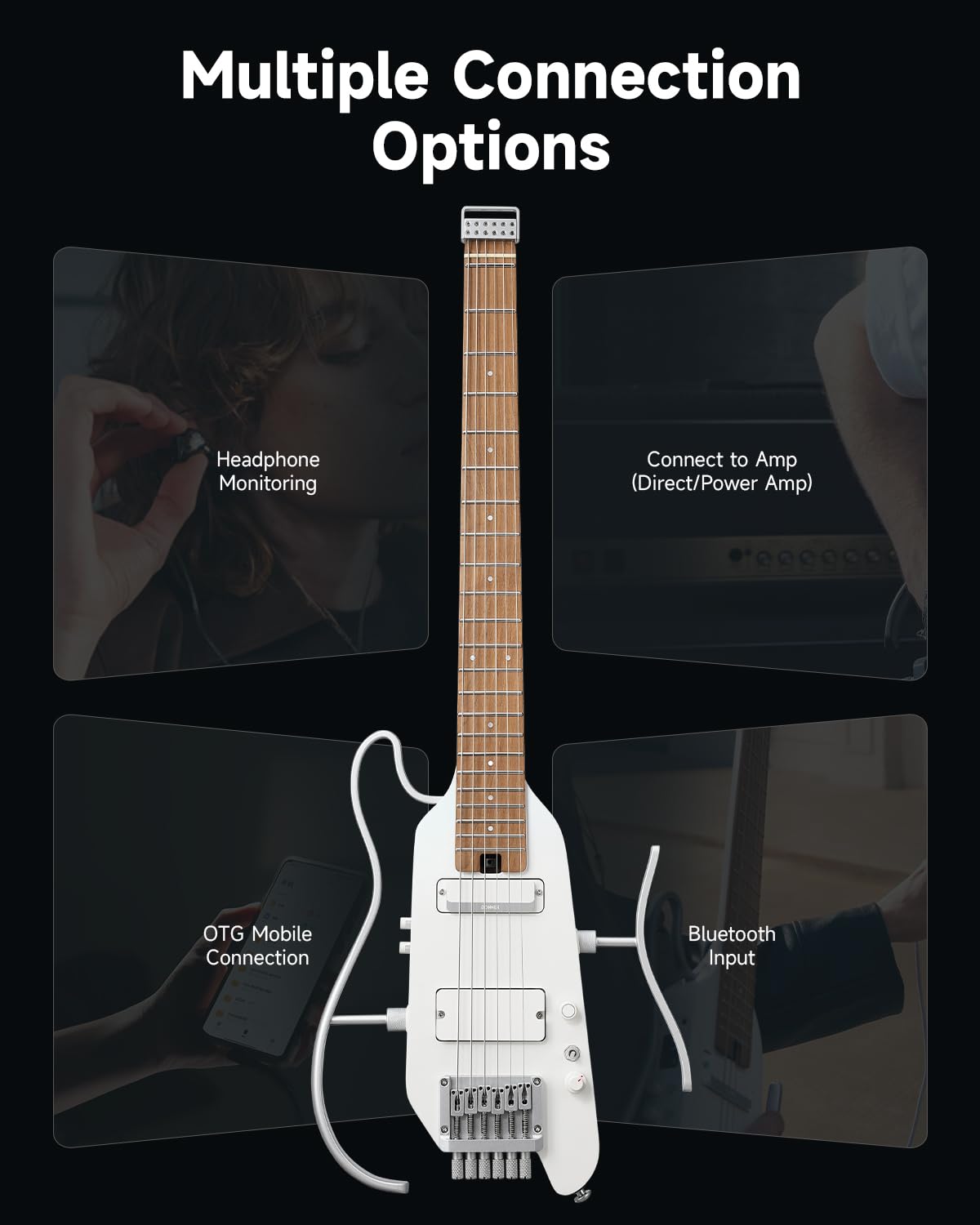 Donner HUSH X PRO Electric Guitar Kit – Smart Travel Guitar with Dozens of Preset Combinations, 7 Tone Sim Options, Metallic White
