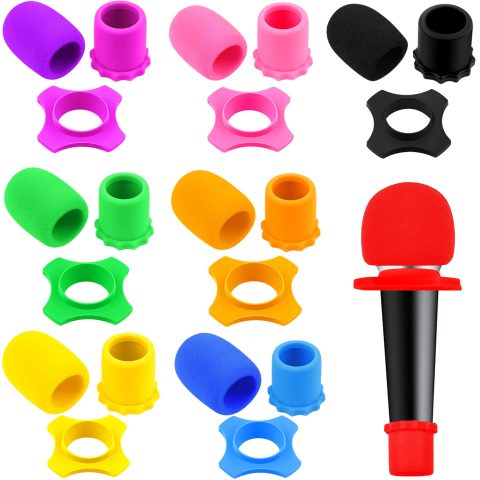 Flutesan 8 Set Microphone Cover Foam Mic Cover Microphone Windscreen Shakeproof Wireless Handheld Mic Protection Silicone Ring Anti Rolling Bottom Rod Sleeve Holder Foam Filter(Mixed)