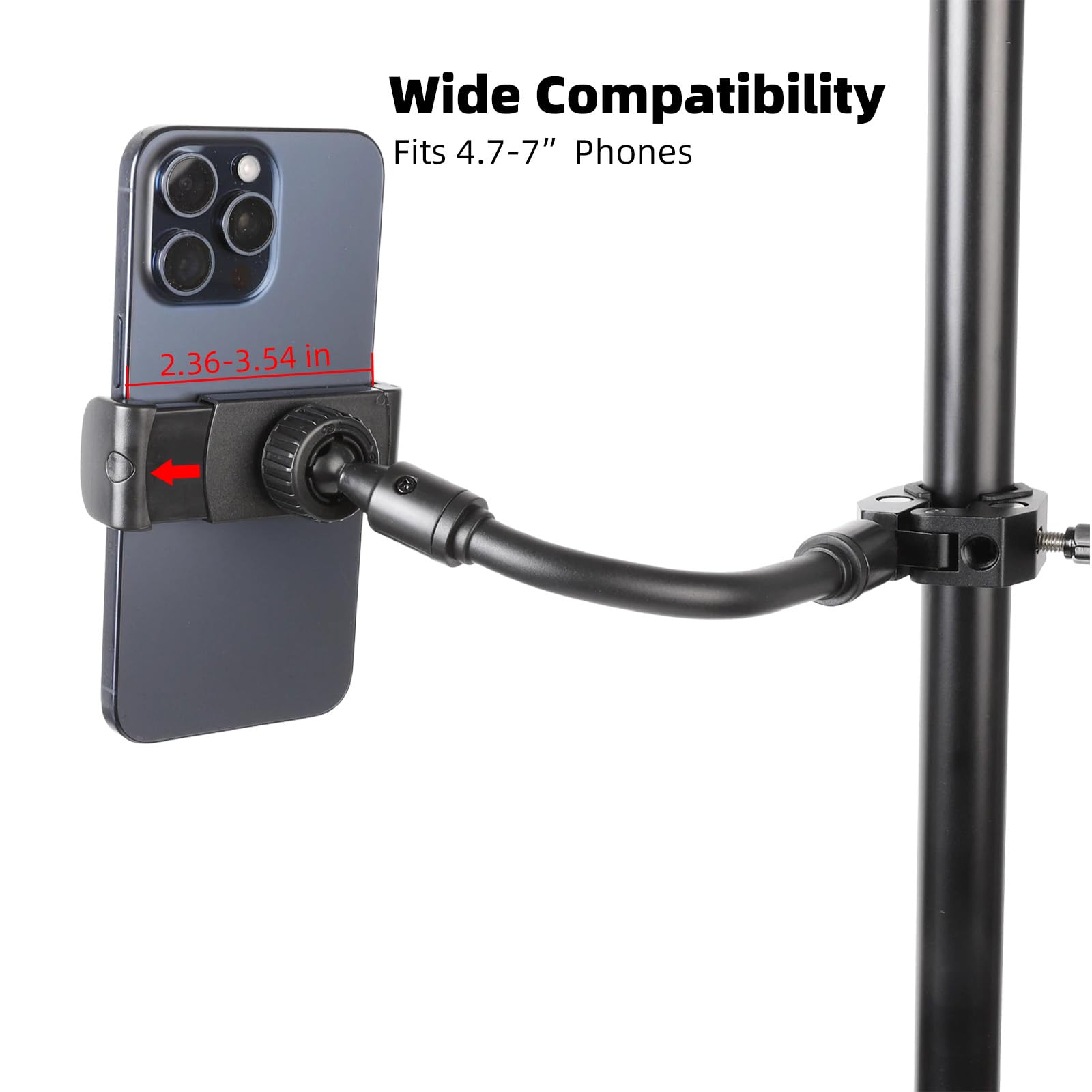 ZUZUXI Mic Stand Phone Holder – Aluminum Alloy Clamp, Adjustable Flexible Phone Holder for Microphone Stand, Compatible with Samsung Galaxy iPhone 4.7-7″ Smartphones