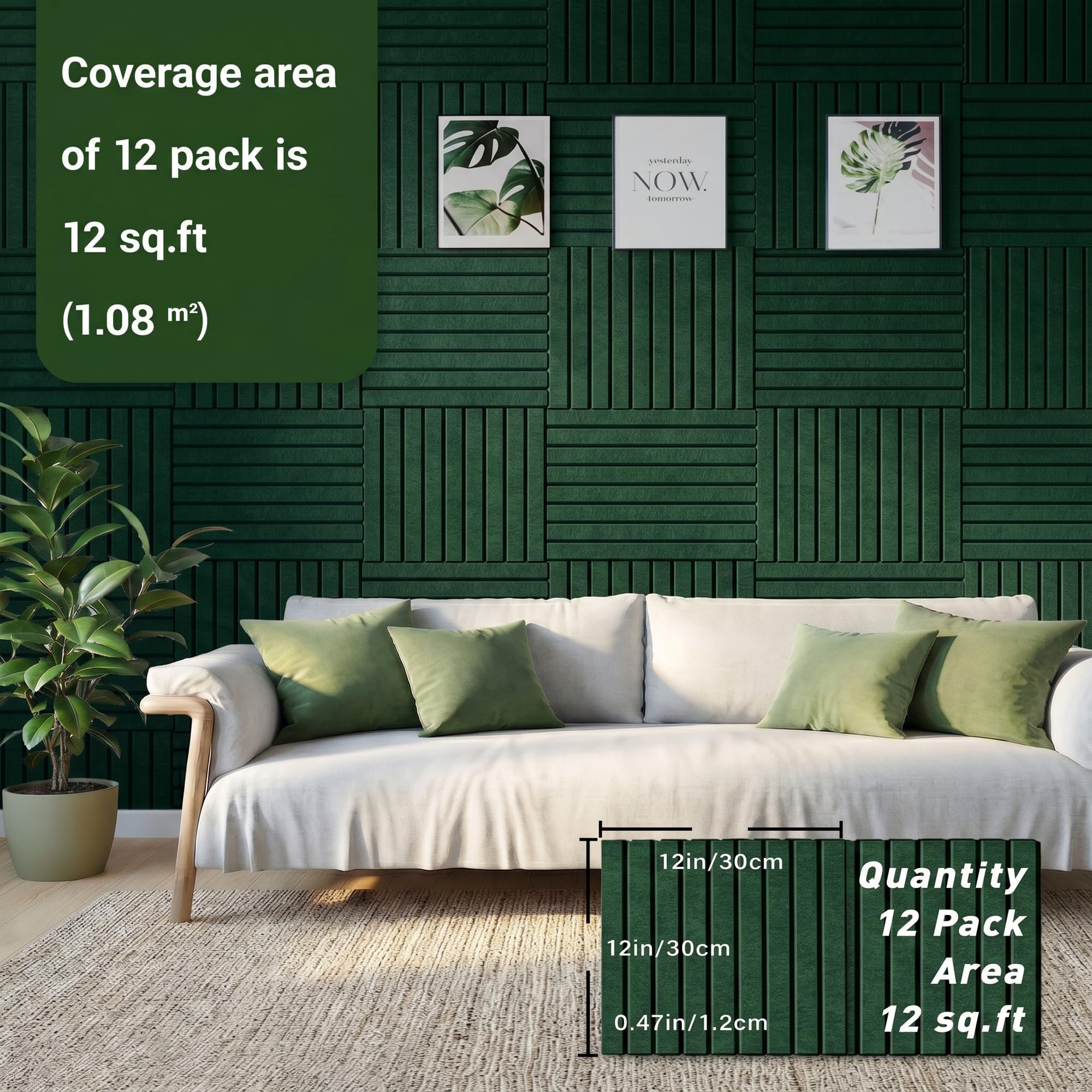 Waister Soundproof Wall Panels, 12‑Pack, 0.47 Inch Thick High Density-Green
