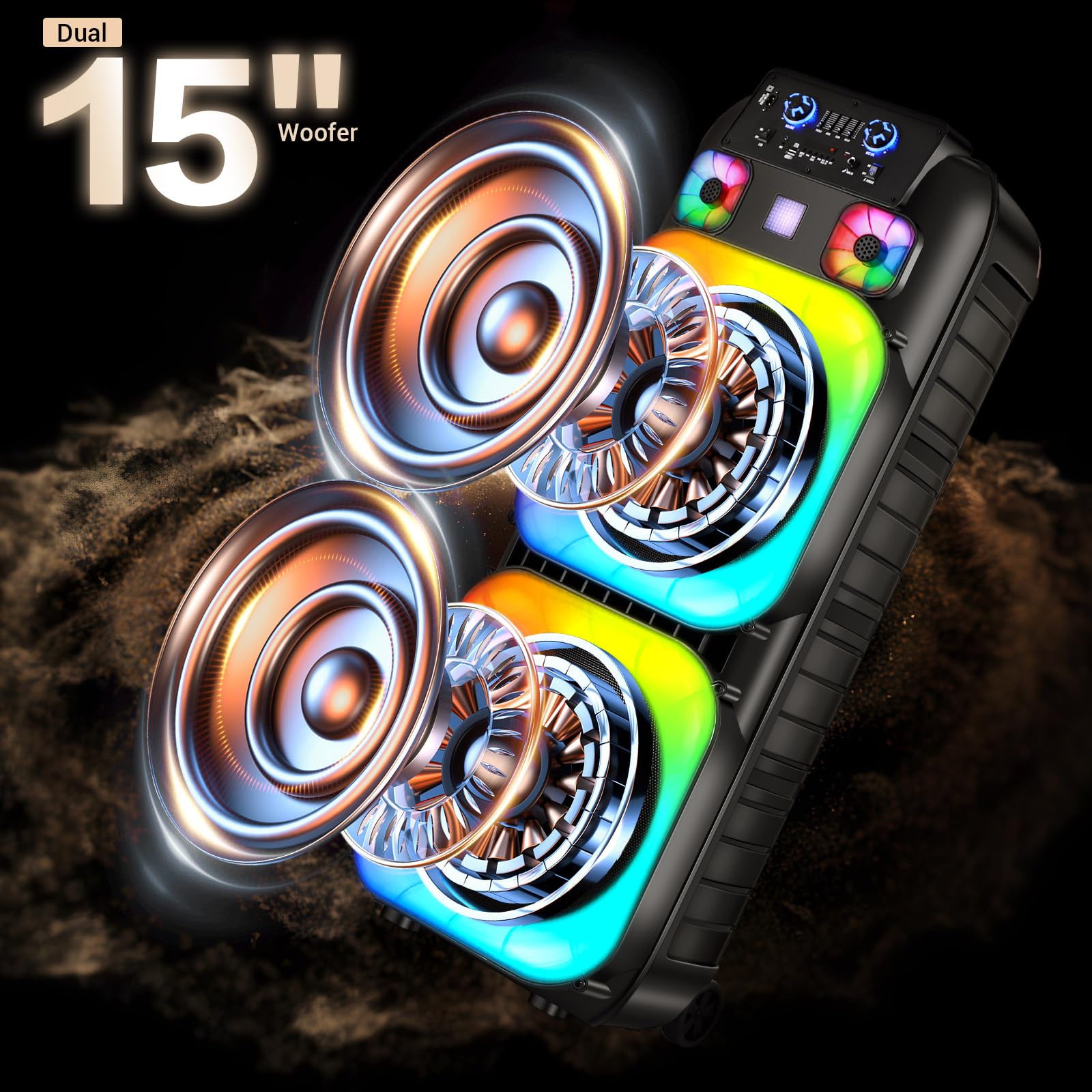 ROXAAN Dual 15″ Party Bluetooth Speaker with 7-Color LED Lights, FM Radio