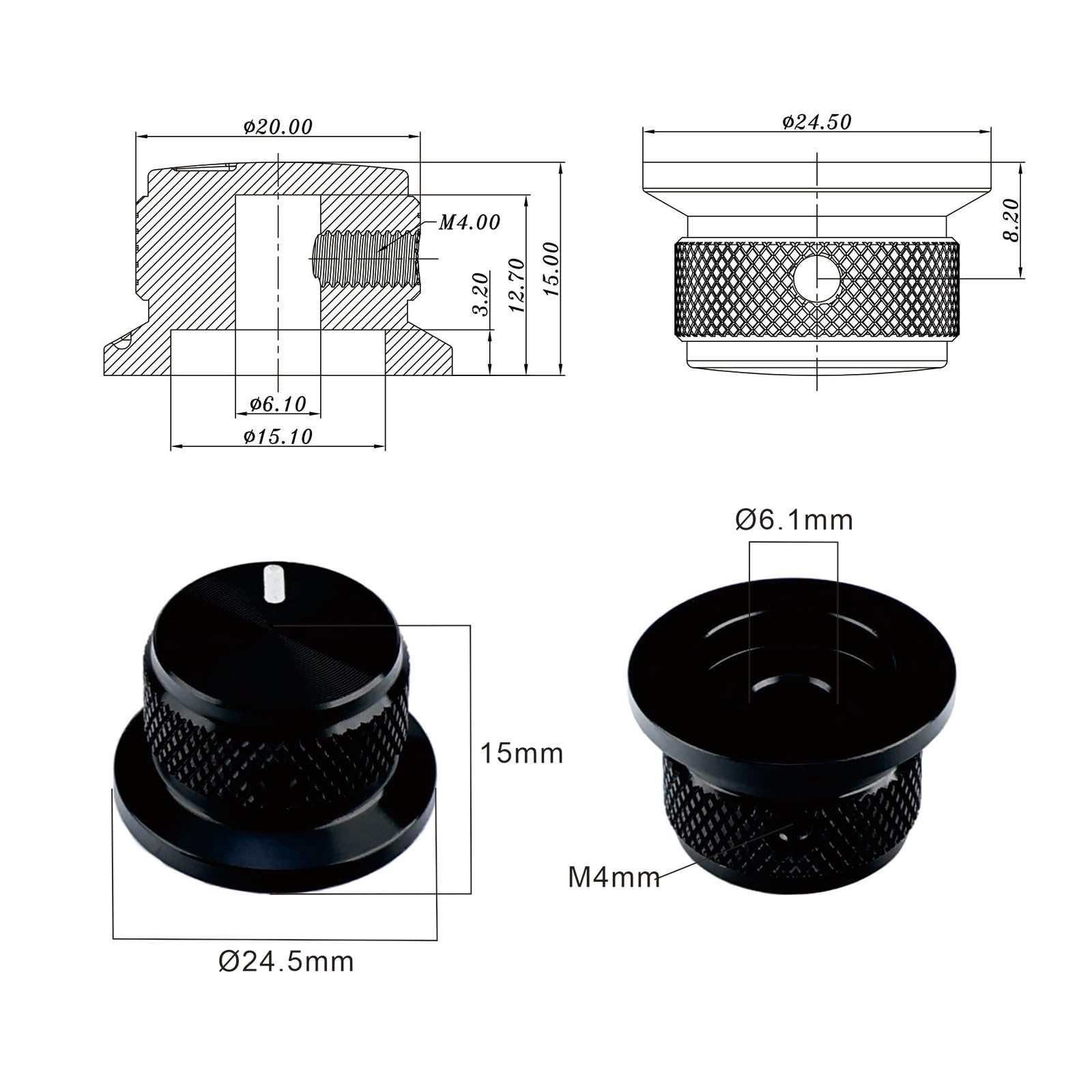 OVSAL 2PCS Electric Bass Guitar Metal Knobs Flat-top Hat-Shaped Volume Tone Control Knobs with Fastening Screw Compatible with Fender Strat Telecaster Les Paul Electric Guitars or Basses(Black)