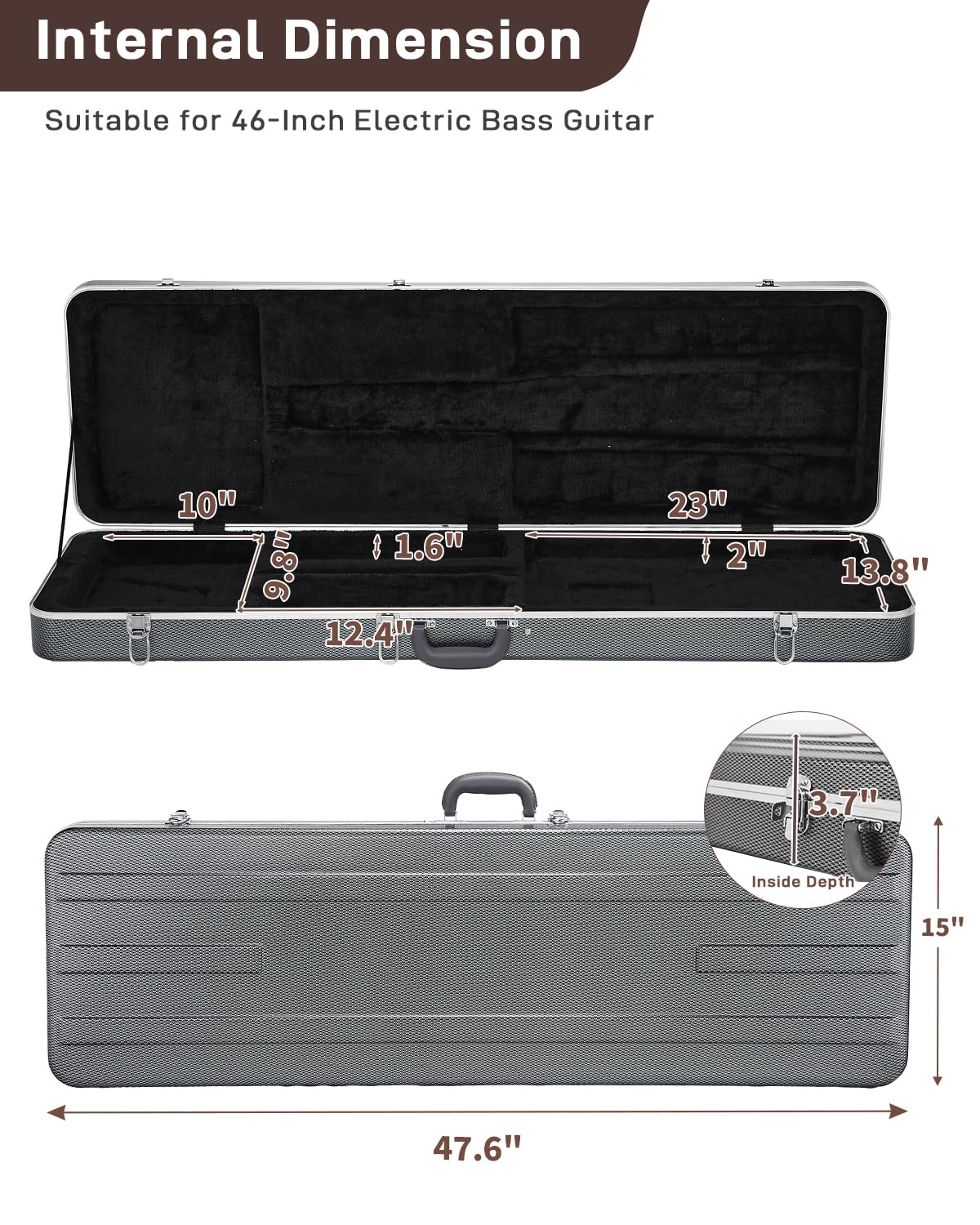Ktaxon Bass Guitar Hard Case with Lock Latch and Soft Padding, Grey