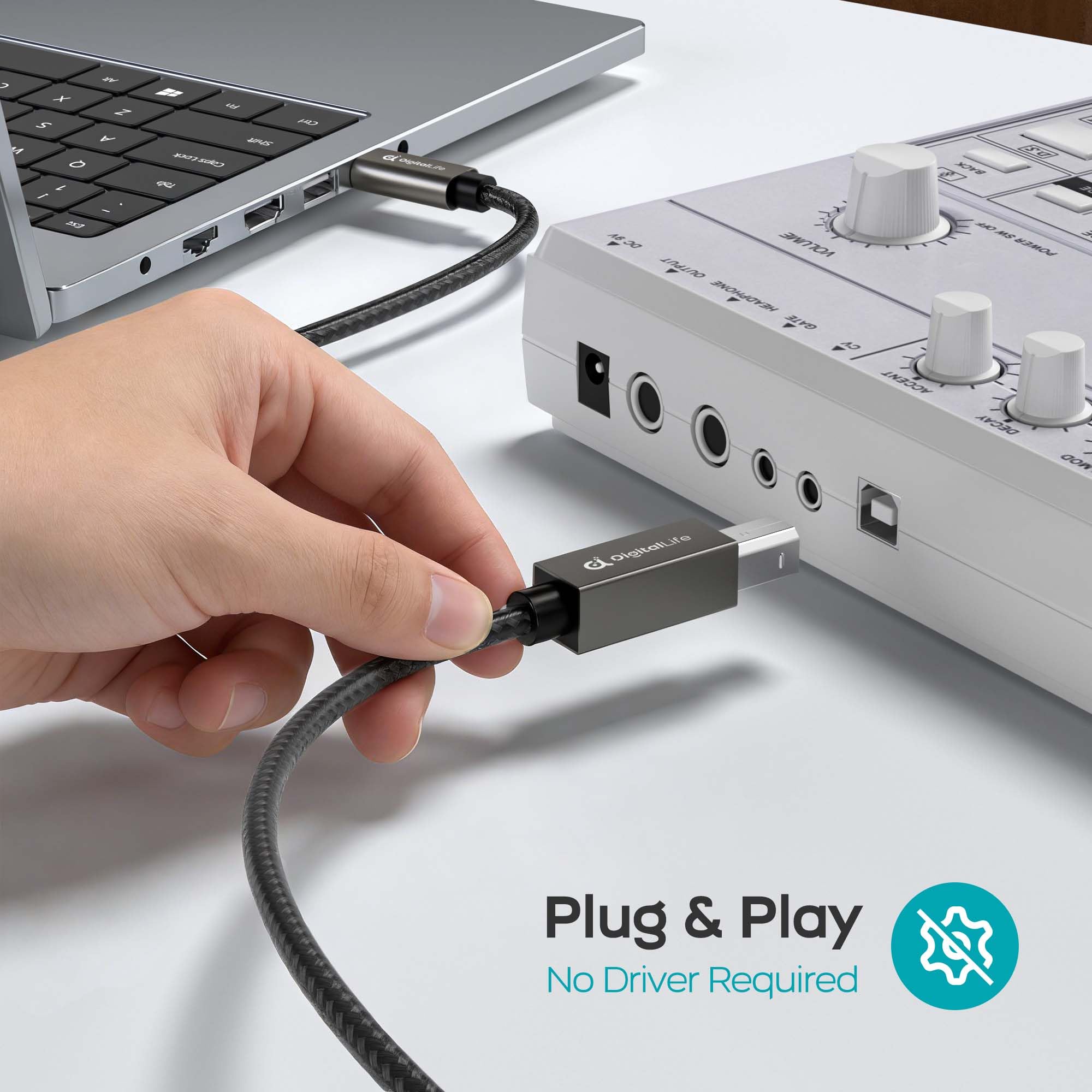 FlexMIDI Vortex USB C to USB B MIDI Cable 6.6ft with Metal Connector
