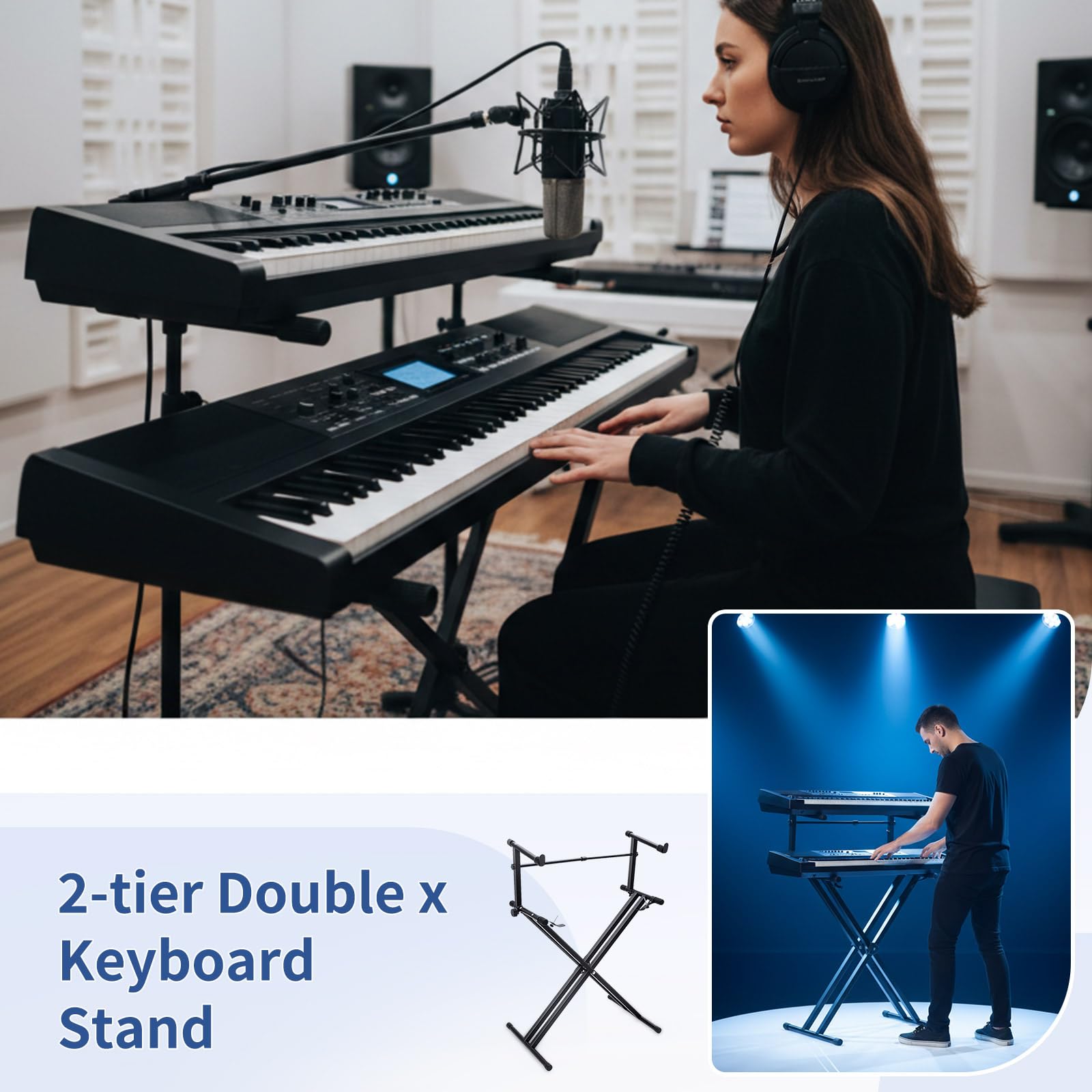 Fiada Double Keyboard Stand 2-Tier Adjustable, X-Style for 54/61/88 Key