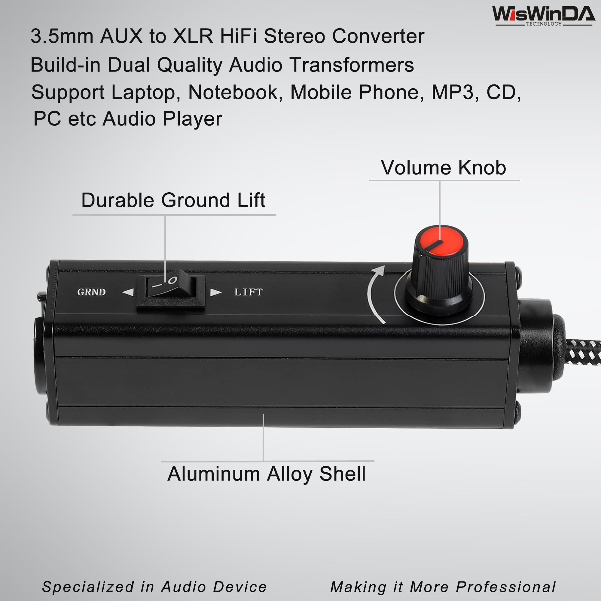 WisWinDa Upgrade Pro101A HiFi Stereo AUX to XLR Isolation Box with Volume Controller Ground Lift Switch Build-in 3.5mm Aux Cord 3.3ft Gold Coating Plug with Extra XLR Y Cord