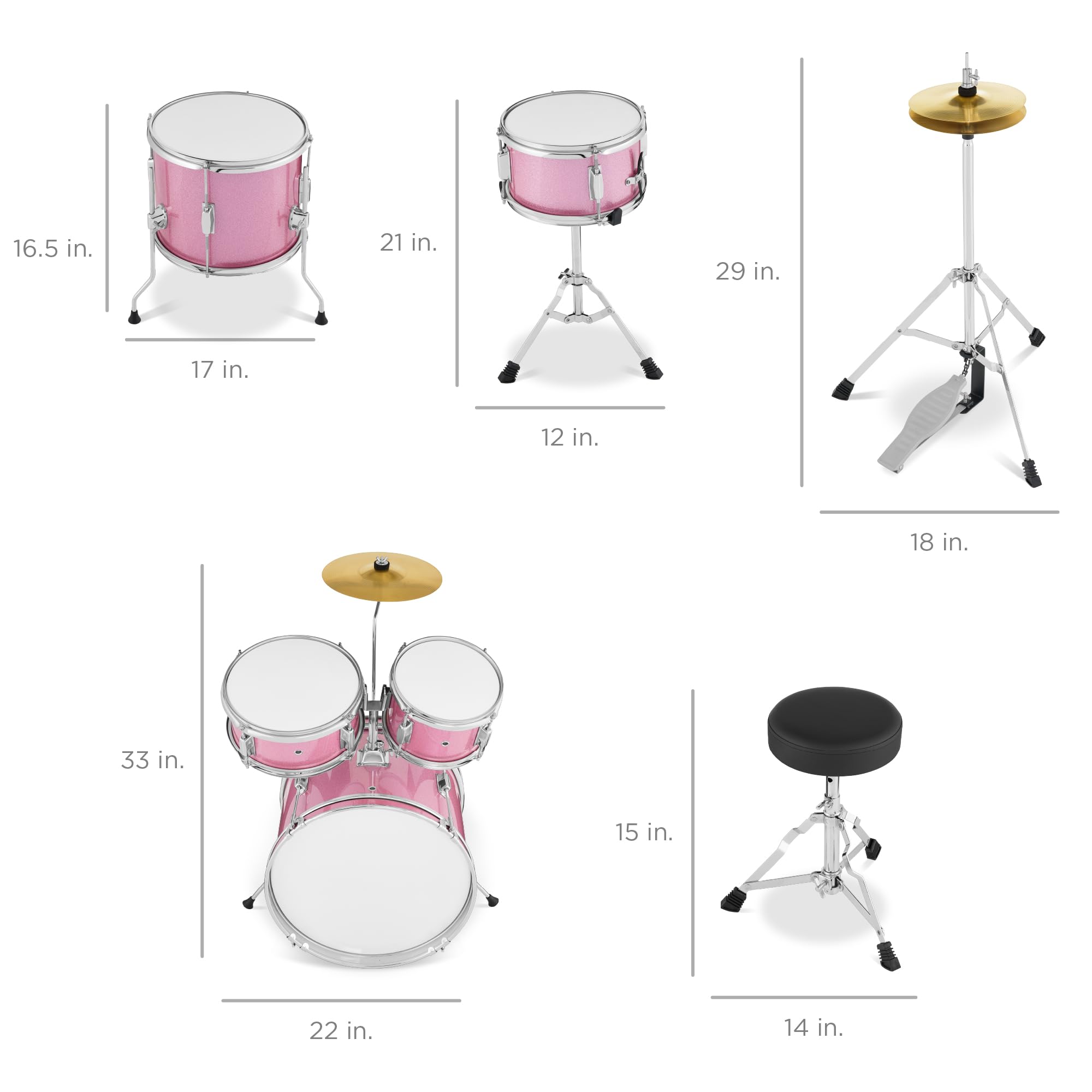 Best Choice Products Kids 5-Piece Beginner Drum Set Junior Kit, Starter Percussion w/Cymbals, Pedal, Toms, Snare, Drumsticks, Stool – Pink Sparkle